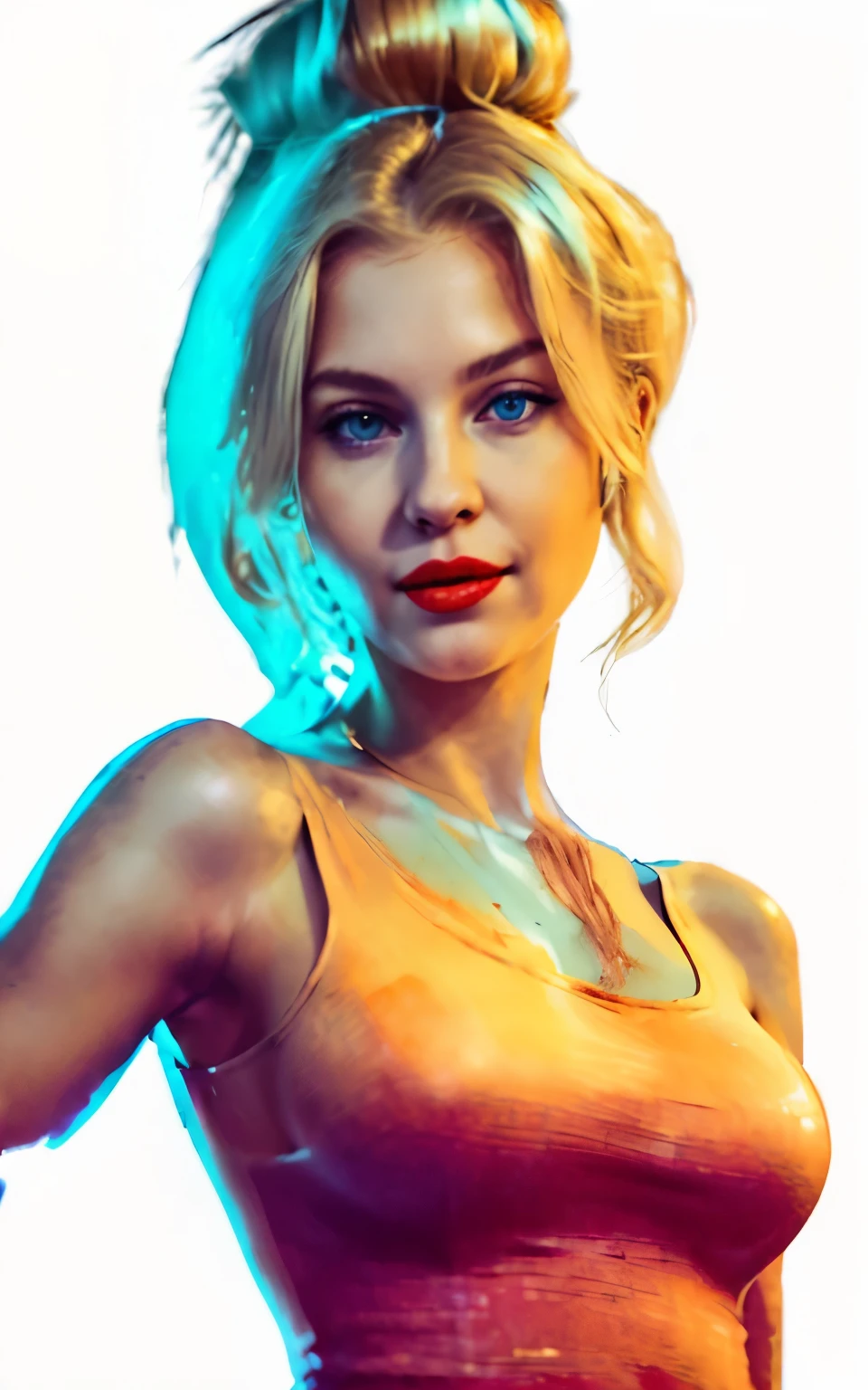 WOMAN EXTREMELY BEAUTIFUL WEARING A TANK TOP AND JEANS BIG AQUA BLUE EYES LIGHT SKIBY LIPSTICKN HAIR GOLDEN BLONDE UP IN A MESSY NUN SHE WEARS RUBY RED LIPSTICK SLIGHTLY SMILING STANDING ON STAGE FACING FOWARD LOOKING DIRECTLY AT HER AUDIENCE AS SHE IS ABOUT TO GIVE A SPEACH