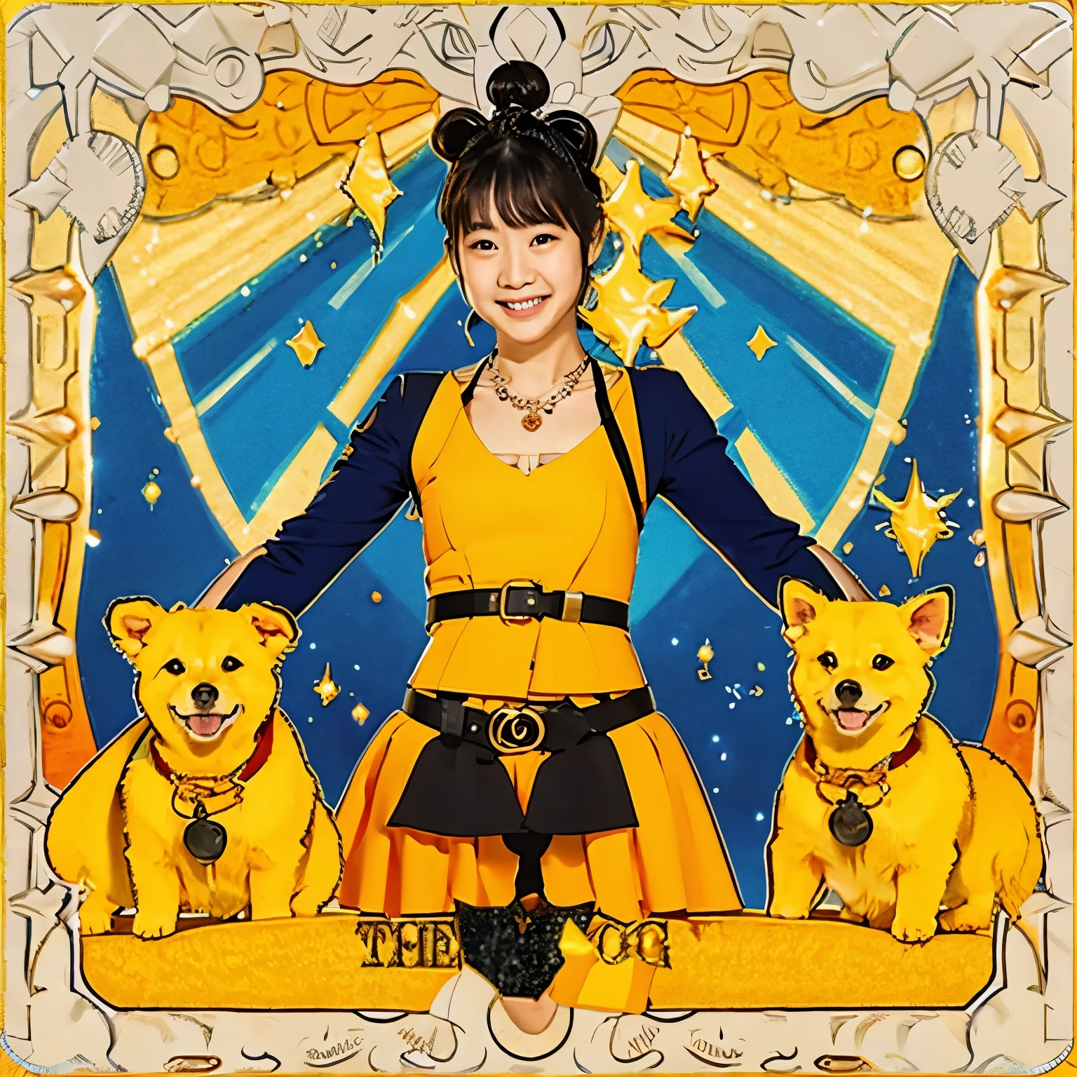 Yellow dog,orange ears,wide blank smile,sun necklace,waist belt