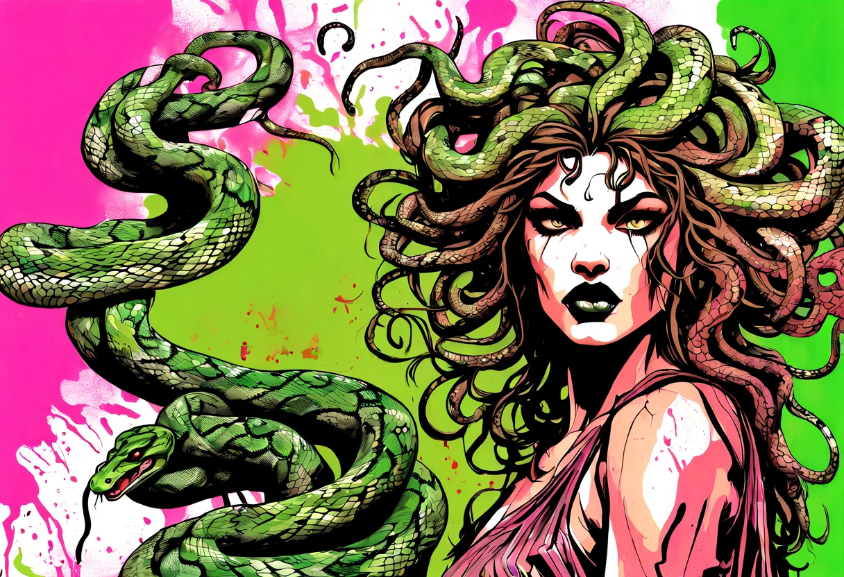 A graffiti comic art character mural, wall spray-paint art, showcasing a graffiti artist spraying making a full length portrait of gorgon Medusa, snake haired and snake skin dress, in Joelle Jones expressive ink line stroke style, with ink drip, technicolor, vibrant, and realism. The throughline focus showcase of this illustration is graffiti comic.

