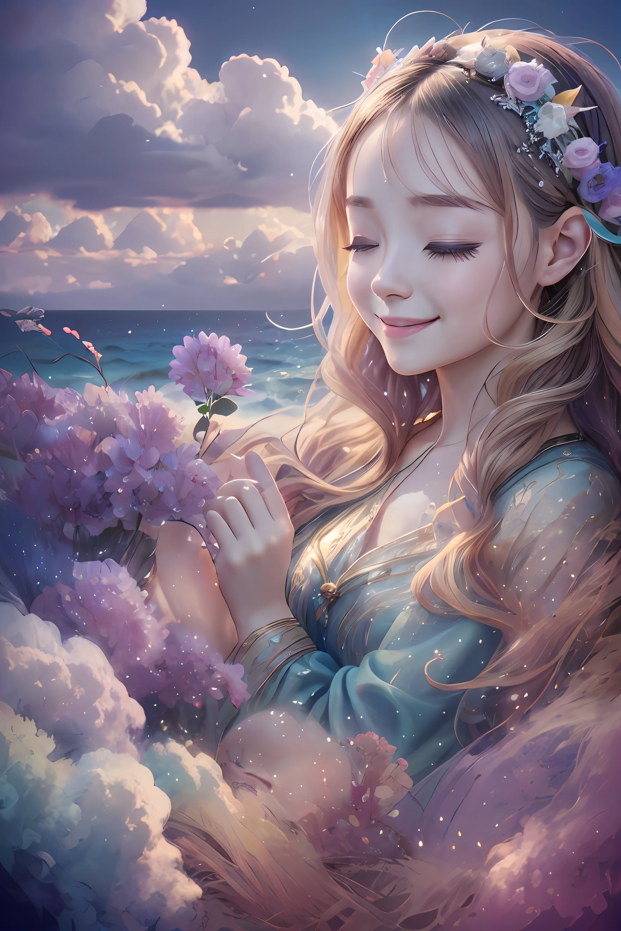 engelhaft、Beautiful poop、happy smile、Sanfter Hintergrund、clouds、Bunte Wolken、Siesta、fantastisch、Heller Hintergrund、Image quality at the highest level、Tenderness、Freude、Heiligenschein 、 Meereshintergrund -Auto