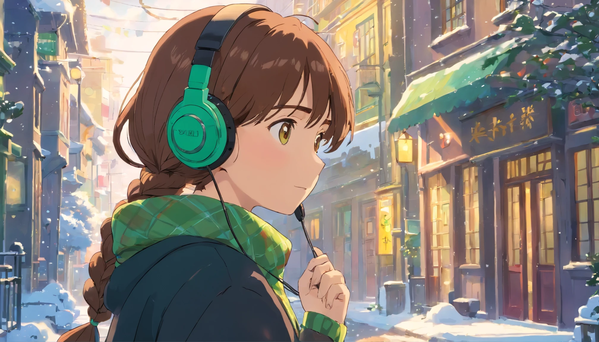 In the cold city、It&#39;s snowing、young woman wearing headphones、Listening to music、brown hair、Braid、black long coat、green check muffler、sigh、Bright day