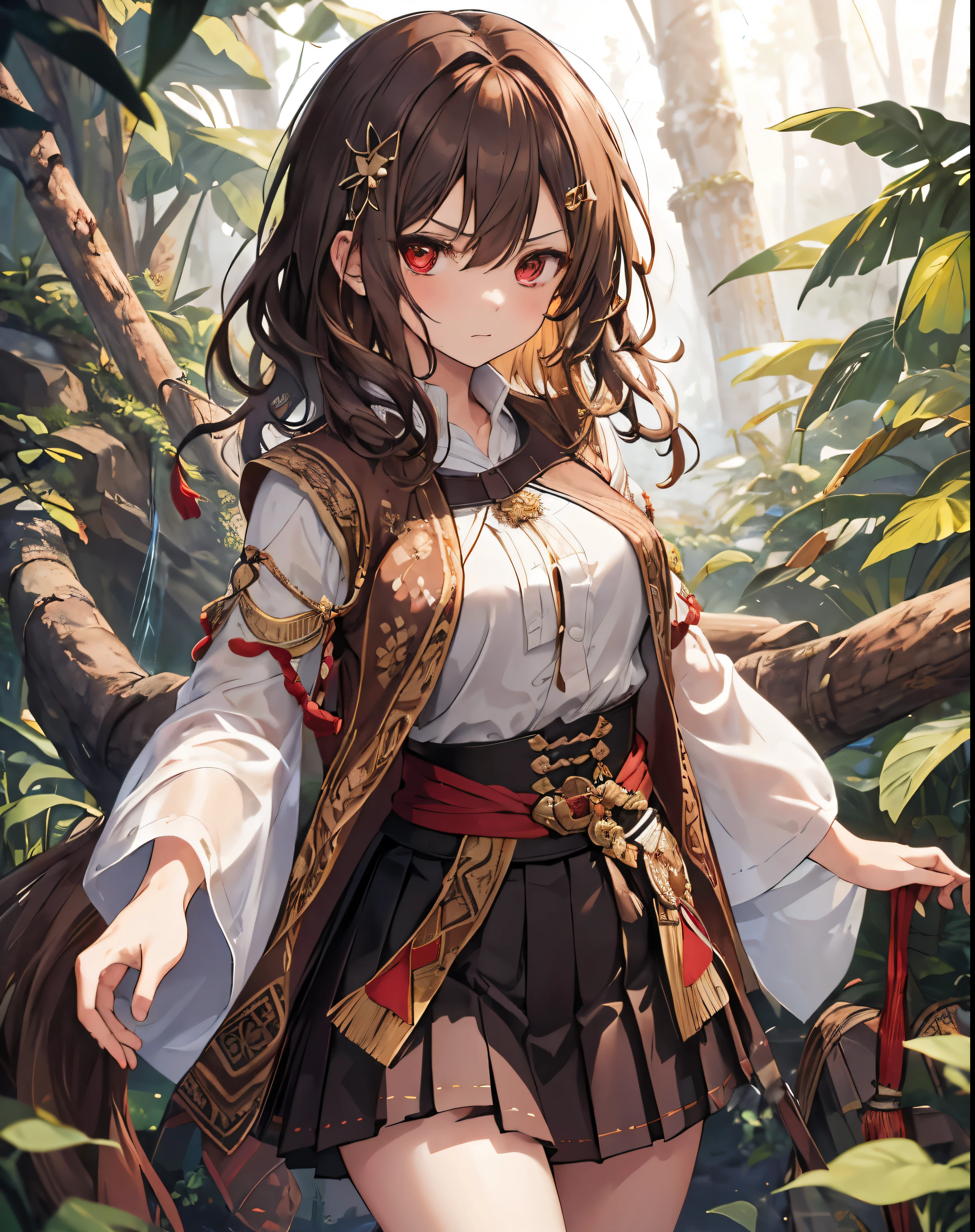 masterpiece, 1girl, sparrow, a brown haired girl, wearing an javanese medieval herbalist clothes, curly medium hair, messy hair, slim body, wearing adventurer clothes, she close her left eye, shirt ornament, angry expression, red eyes, stand at forest, medium breasts, batik skirt, pleated skirt