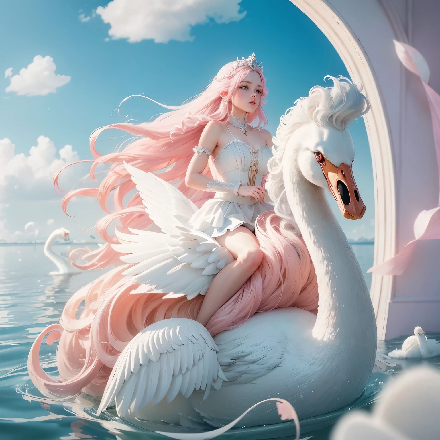 A White two leg Swan ((floating in water)), with flowing wavy mane of white flowing hair afloat with its swan head, a narrow swan beak and a saddle for ridding, a pink fairy queen with short slender legs riding on its swan back like a jockey, of a cotton candy, pink hearts, glass hearts, Queen of hearts, glass swan in a bottle,