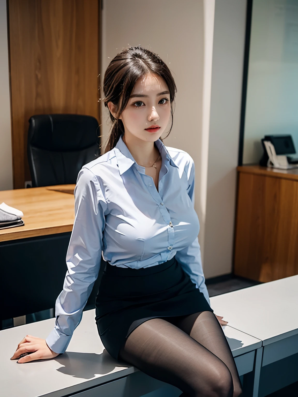 alone,Beauty、beautiful woman、、big breastsshape、business suit、 wearing pantyhose,girl wearingirt, wearing a suit, big breasts,big breasts、slie,business a a shirt and skirt, business attire、various positions、office、sit