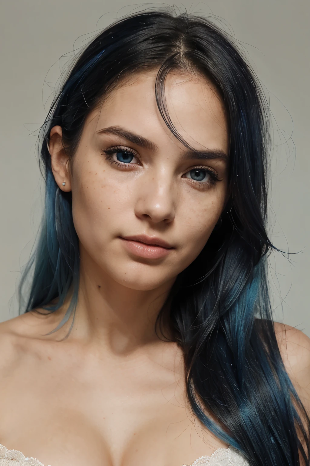 22 year old blue haired model, long hair, portrait, atemberaubend, blaue augen, strapsen, sexy, dessous