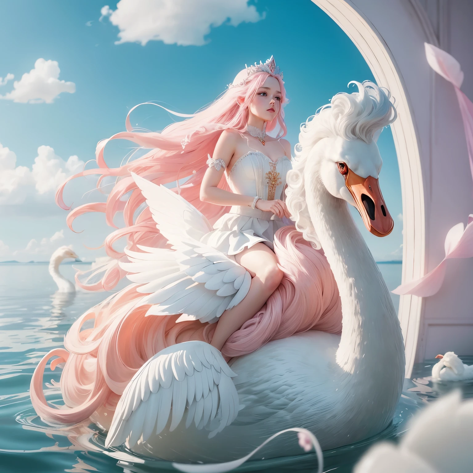 A White two leg Swan ((floating in water)), with flowing wavy mane of white flowing hair afloat with its swan head, a narrow swan beak and a saddle for ridding, a pink fairy queen with short slender legs riding on its swan back like a jockey, of a cotton candy, pink hearts, glass hearts, Queen of hearts, glass swan in a bottle,