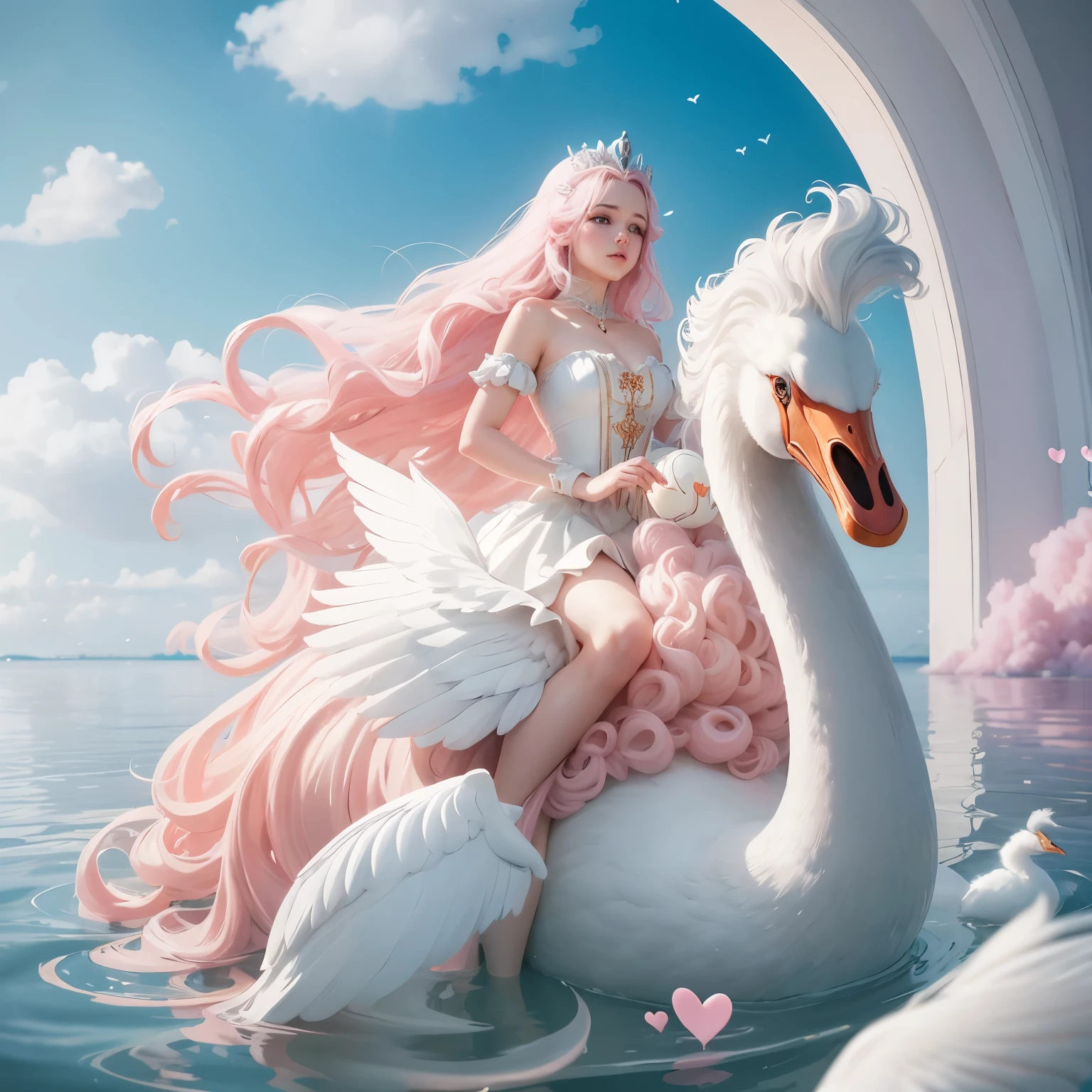 A White two leg Swan ((floating in water)), with flowing wavy mane of white flowing hair afloat with its swan head, a narrow swan beak and a saddle for ridding, a pink fairy queen with short slender legs riding on its swan back like a jockey, of a cotton candy, pink hearts, glass hearts, Queen of hearts, glass swan in a bottle,