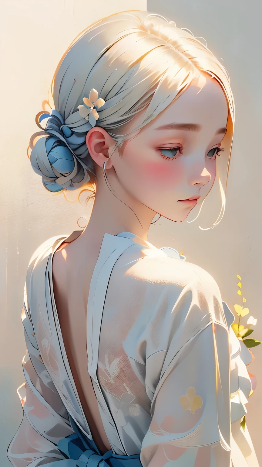 (((simple configuration)))、(((The background is a white wall:1.2)))、one girl、perfect anatomy、painterly、sketch、very delicate、wall with cloud-like pattern、、Floral、delicate depiction、abstract、Bright colors overall、Gentle color、Taisho romance、(masterpiece、highest quality、highest quality、official art、beautiful beautiful:1.2)、