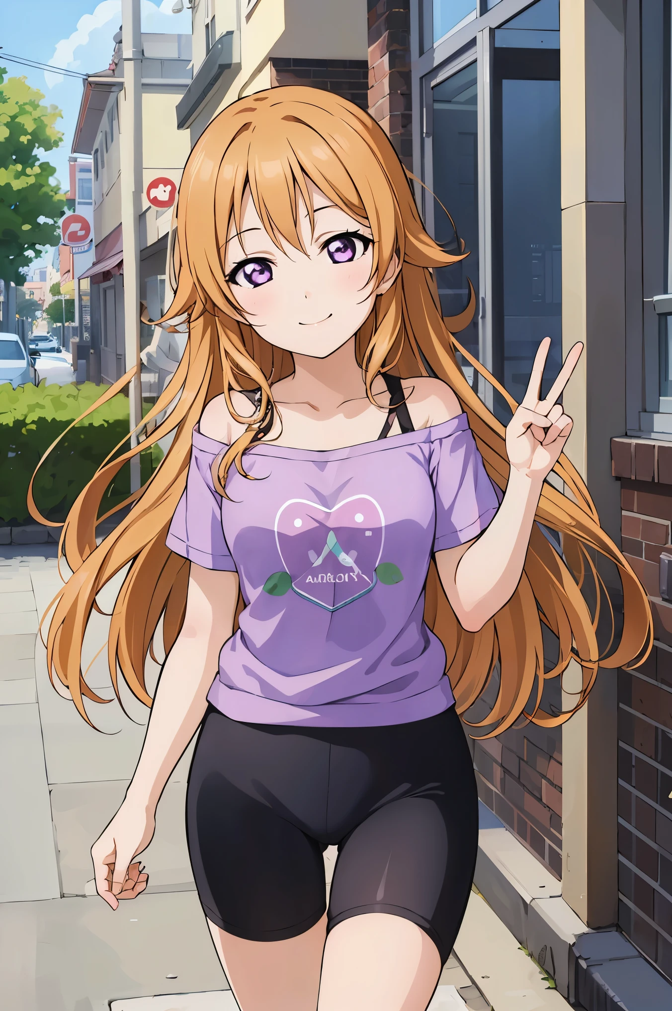 (best quality, masterpiece:1.2), (1girl, solo:1.2), smile, detailed background, (looking at viewer, solo focus:1.2), 
Konoe kanata, long hair, straight hair, purple eyes, blonde hair, off shoulder, light purple shirt, t-shirt, short sleeves, black bike shorts, standing, two peace sign, solo focus, long hair, 