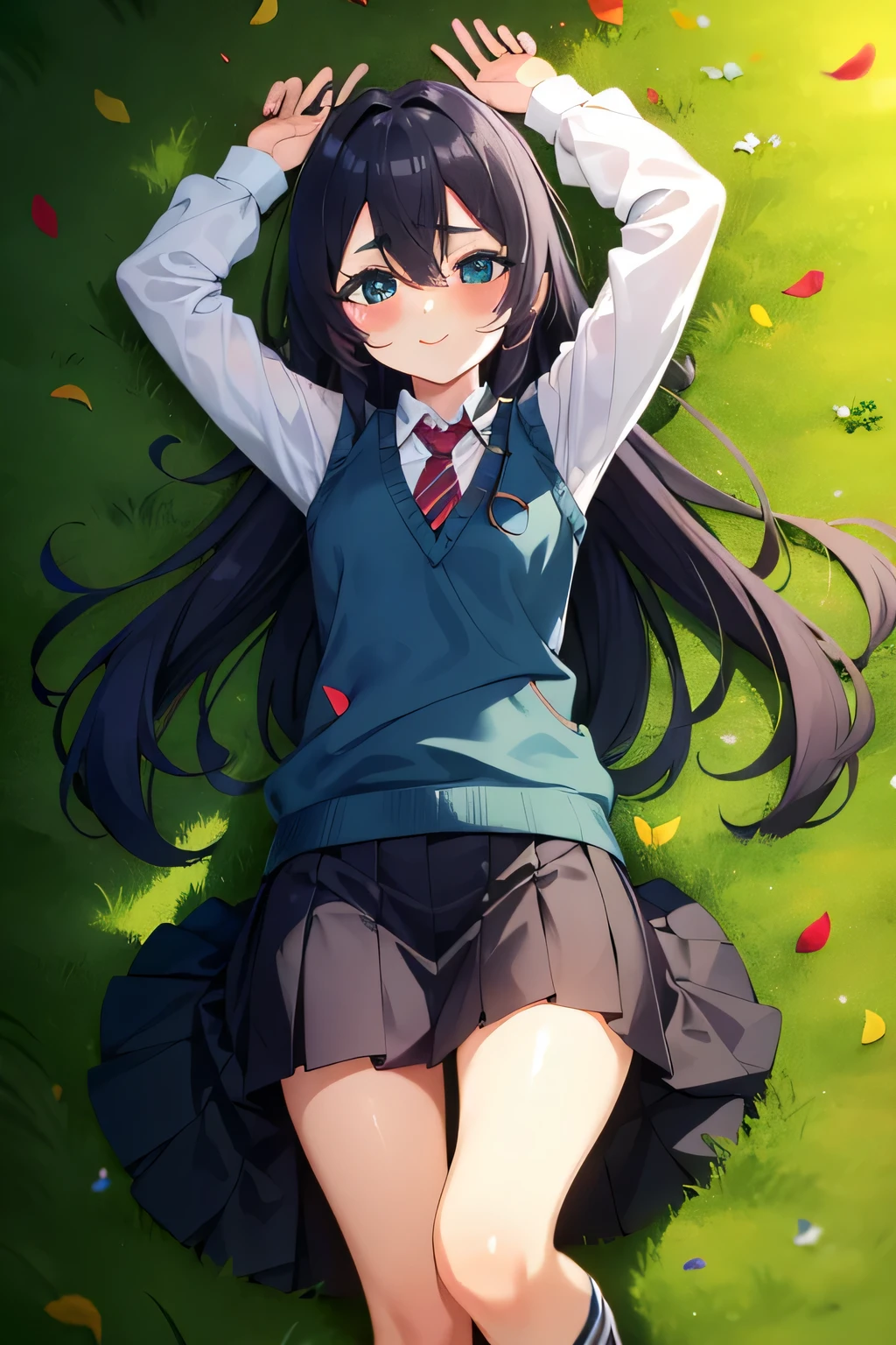 tall body, tall, long legs, mature female, mature, adult, solo, cowboy shot, lying, on back, on grass, spread arms, shy smile, arms up, closed mouth,
eft_100_, 1girl, long hair, solo, skirt, armband, socks, sweater vest, very long hair, thick eyebrows, long skirt, blue eyes, looking at viewer, long sleeves, shirt, school uniform, black hair, shoes, white shirt, hair between eyes, blue hair, closed mouth, bangs, vest, indoors, necktie, collared shirt, messy hair