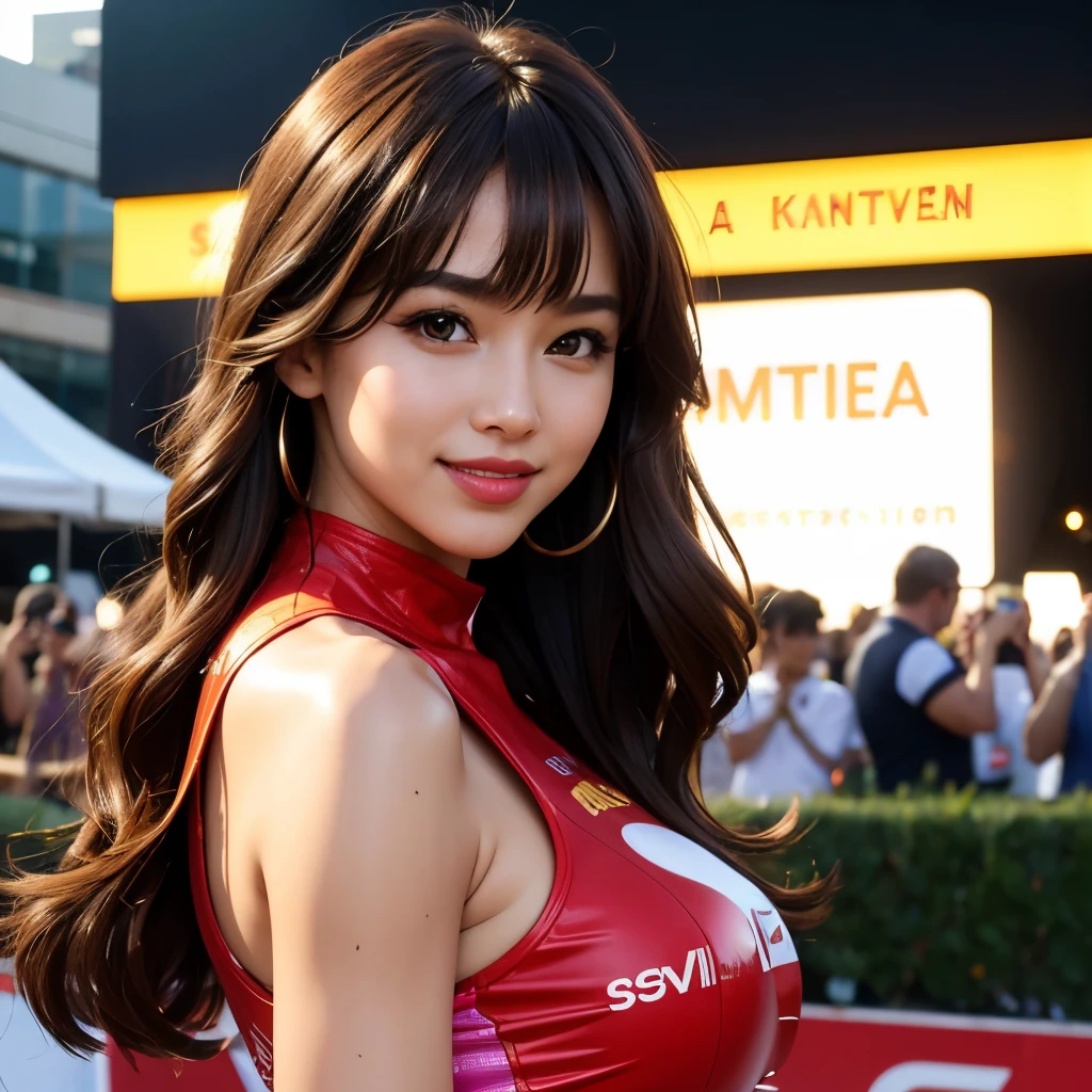 (detailed skin:1.2),(shiny skin:1.1),8k,best quality, masterpiece, ultra high res,(photorealistic:1.4),(soft saturation:1.3),(fair skin:1.2),1woman, young, japanese, brown hair, brown eyes, medium hair, asymmetrical hair, wavy hair, asymmetrical bangs, makeup,(lipstick:1.1),(eyeliner:1), mascara, eyeshadow, glamor, large breasts, grid girl costume and sponsor logo, grid girl costume, in racing circuit and large crowd, seductive smile, high angle shot
