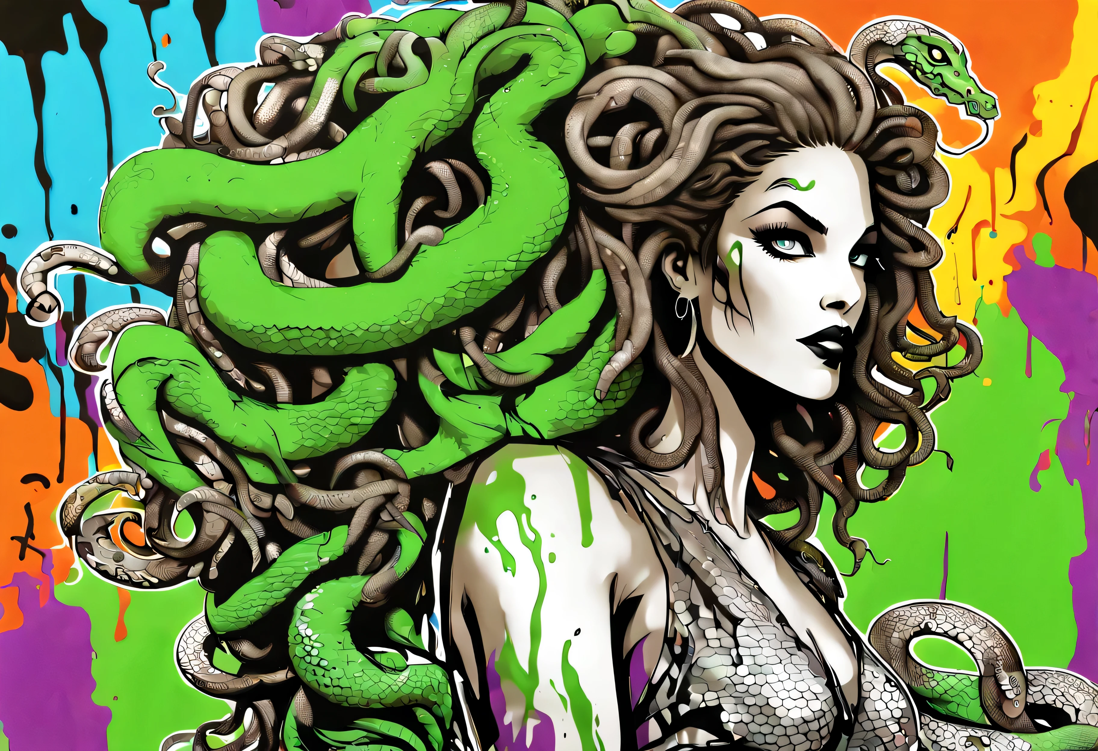 A graffiti comic art character mural, wall spray-paint art, showcasing a graffiti artist spraying making a full length portrait of gorgon Medusa, snake haired and snake skin dress, in Joelle Jones expressive ink line stroke style, with ink drip, technicolor, vibrant, and realism. The throughline focus showcase of this illustration is graffiti comic.