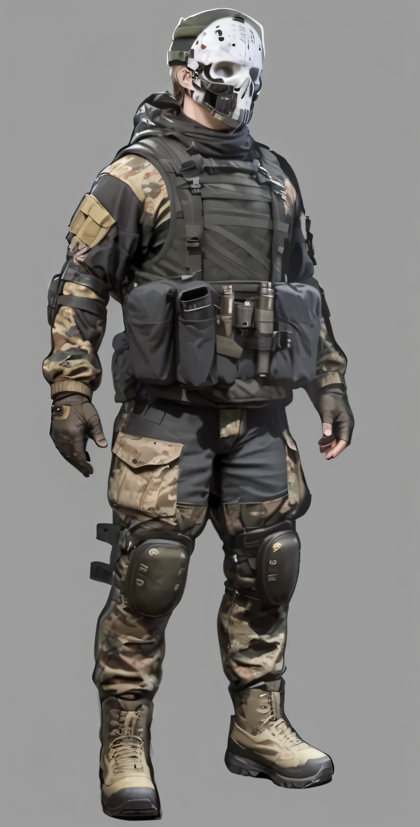 high quality，masterpiece，Ultra high detail，special forces equipment，green，Face skull mask，military cap，ammo pouch，Tactical equipment，，modern combat clothing