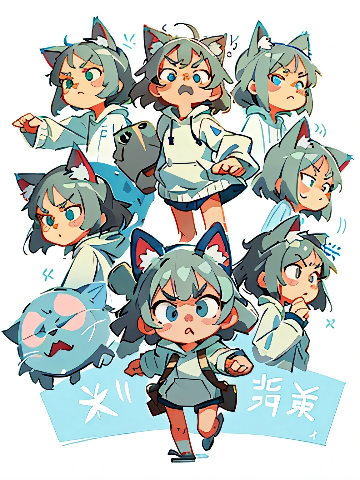 gray hair、blue eyes、girl、Cat ear、cat pose、angry face、white hoodie、
