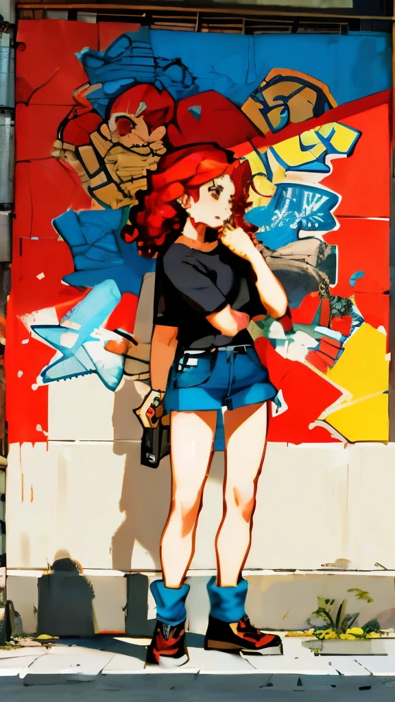 Graffiti Comics: One girl with curly red hair, standing in front of a colorful mural, looking away with a embarrassed expression, blushing fiercely, covering her mouth in shock, as she realizes she accidentally leaked a little pee on the street, wearing a short denim skirt and holding a comic book in hand. The graffiti art around her is vibrant and full of life, with intricate details and expressive characters. The sun sets behind her, casting long shadows on the pavement, adding an artistic and cinematic touch to the scene. Ultra High Resolution, Fine details, NSFW (for mature audiences only), Mature themes, Realistic.
