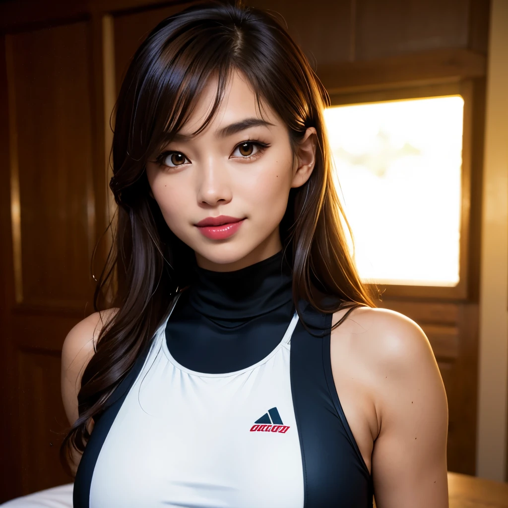 (detailed skin:1.2),(shiny skin:1.1),8k,best quality, masterpiece, ultra high res,(photorealistic:1.4),(soft saturation:1.3),(fair skin:1.2),1woman, young, japanese, brown hair, brown eyes, medium hair, asymmetrical hair, wavy hair, asymmetrical bangs, makeup,(lipstick:1.1),(eyeliner:1), mascara, eyeshadow, glamor, large breasts, grid girl costume and sponsor logo, turtleneck sleeveless one piece, in racing circuit and large crowd, seductive smile, chest up