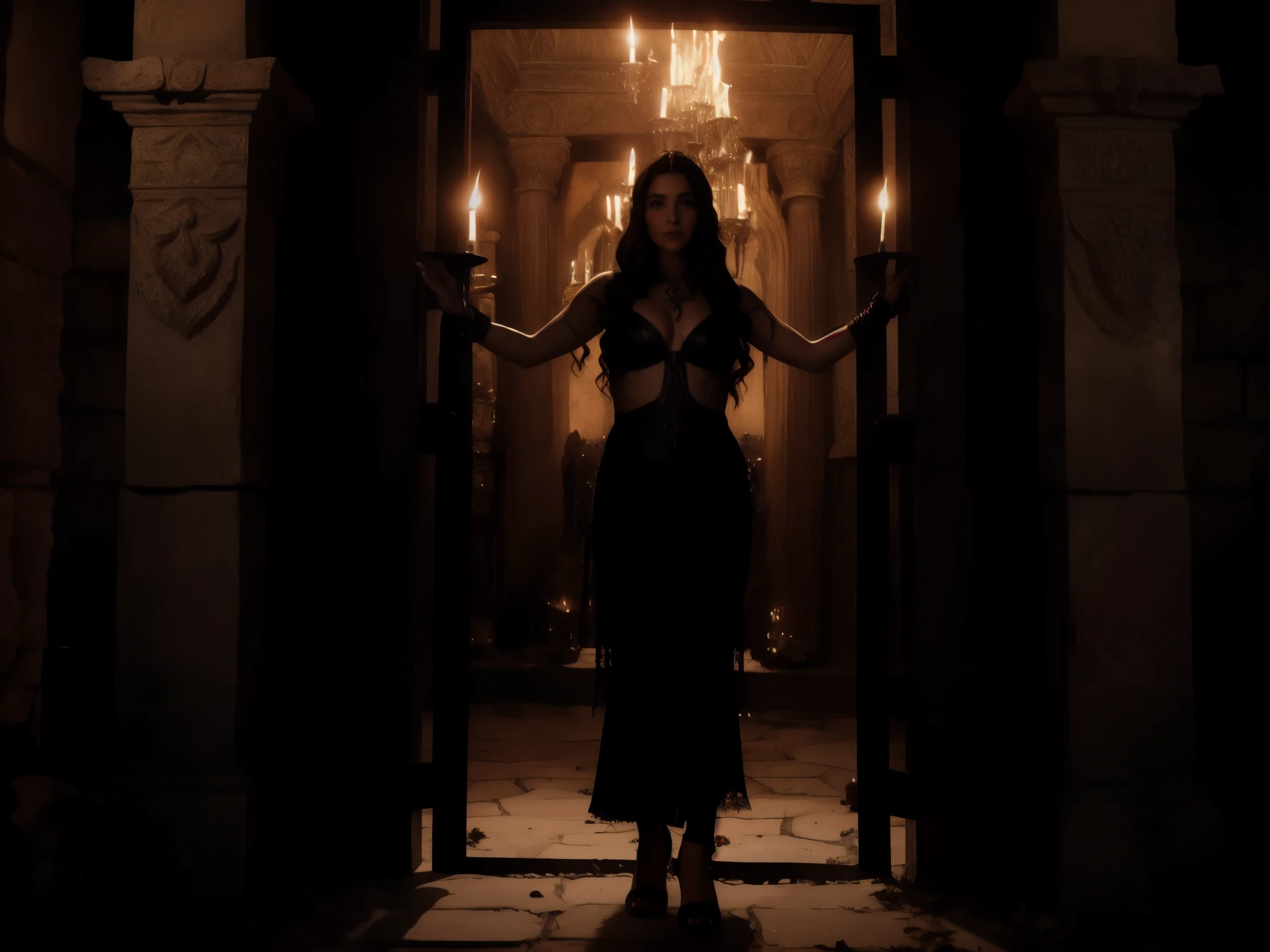 a woman in a black dress standing in a doorway with candles, cinematic goddess shot, salma hayek as a sorceress, cinematic goddess body shot, mahira khan as a mage, cinematic goddess close shot, mahira khan as a d&d wizard, anya taylor - joy vampire queen, still from a fantasy movie, gal gadot as hell lord