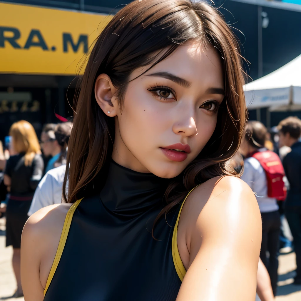 (detailed skin:1.2),(shiny skin:1.1),8k,best quality, masterpiece, ultra high res,(photorealistic:1.4),(soft saturation:1.3),(fair skin:1.2),1woman, young, japanese, brown hair, brown eyes, medium hair, asymmetrical hair, wavy hair, asymmetrical bangs, makeup,(lipstick:1.1),(eyeliner:1), mascara, eyeshadow, glamor, large breasts, grid girl costume and sponsor logo, turtleneck sleeveless one piece, in racing circuit and large crowd, (fucked silly:1), face up
