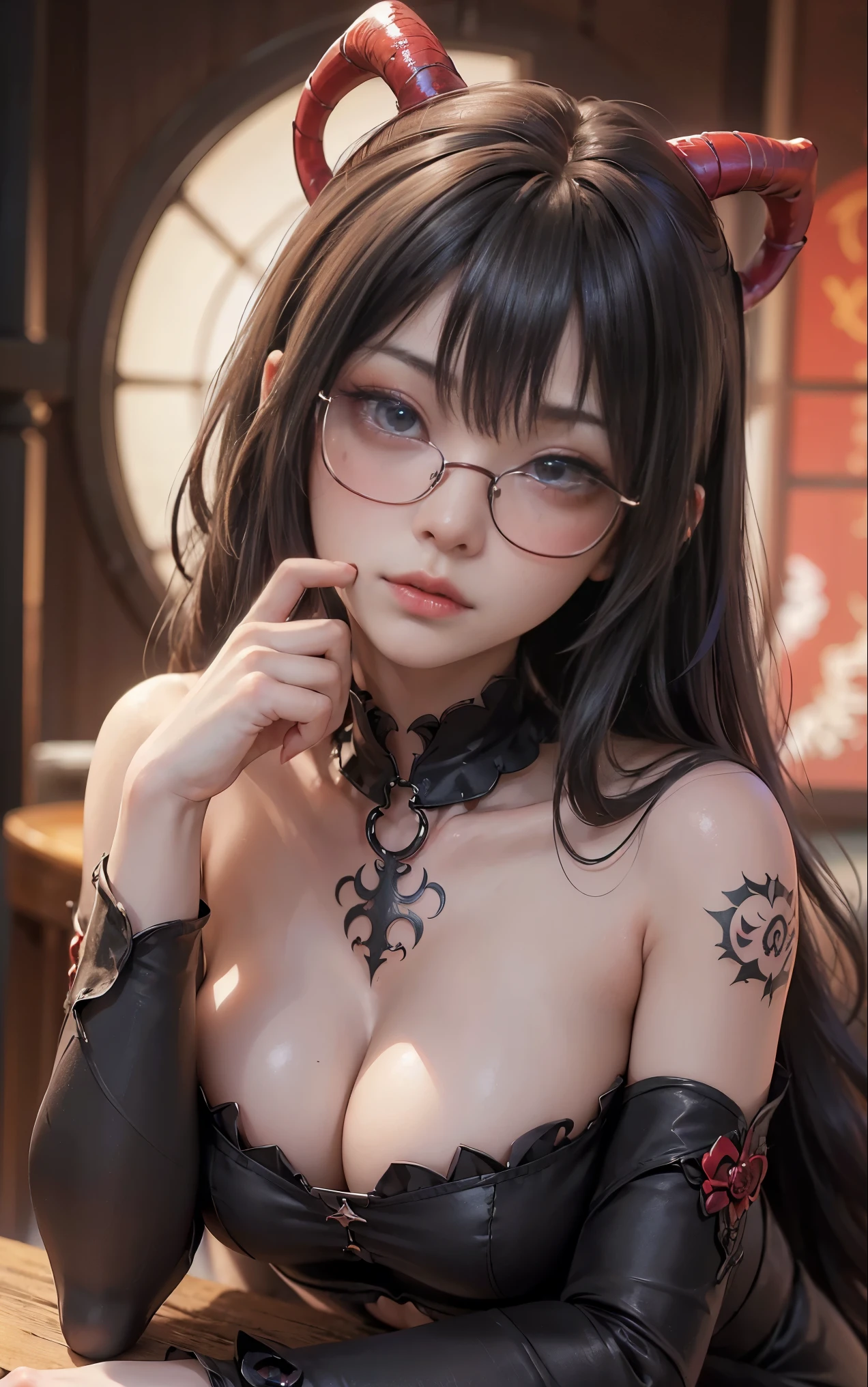 Are you okayですかですか、(best illustrations)、8k UHD resolution、intricate details、highest quality、realistic、Super detailed、best lighting、best shadows、soft lighting、Ultra HD、超realistic、Tyndall effect、Photoreal、(high detail skin:1.2)、 (intricate details, compensate, face to face with the children_v1:0.5), (Are you okay, beautiful and delicate face, Are you okayですか, beautiful and delicate eyes, perfectly proportioned face, high resolution skins, fine skin, Optimal ratio of 4 fingers and 1 thumb, arm under chest, red tattoo on lower abdomen、Wow wow, wide hips, smooth abdomen, thin and thin skin, __fashion__, __hair__:1.25)、Digital single-lens reflex camera、 absurd、(table top: 1.3), (maximum resolution: 1.2), (Ultra HDTV: 1.2), cinematic light, fine eyes and skin, detailed facial features, , (sharp focus: 1.2）, (focus on the face:1.2),perfect style, beautiful face, acura, anatomically correct, Highly detailed face and skin texture, fine eyes, double eyelid, thin eyebrows, glitter eyeliner: 1 natural cheeks, Glossy skin, Fair skin: 1.2, (glossy lips: 1.4),(embarrassed look: 1.2),Highly detailed face and skin texture, fine eyes, double eyelid, natural cheeks,  glossy lips: 1.4,exposed cleavage、Bewitching。Charm、 Beautiful devil woman from hell, Surreal female portraits by David Hockney and Alphonse Mucha, Charm女性の肖像画、fantasy art, Chinese humanoid、chinese actress、dungeon、dragon、devil&#39;palace of、devil&#39;torture chamber、night、dark style 、in the dark、(detailed spooky background:0.8), magic、 1 girl、evil nun、dark necromancer、Succubus、devil&#39;Daughter of、Shinonome Umi、bat wings，(((devil&#39;horn)))、 ((((giant glasses, otaku glasses, thick glasses, round glasses)))),(((big breasts)))、(devil&#39;tail of)、(red eyesは光り輝いて:1.6)、red eyesは非常に鮮明で詳細です, Your eyes are made up so beautifully, ((red eyes:1.0)),intricate tattoo, demonic intricate tattoo, tattoo on thigh, body tattoo, masterpiece、最もbeautiful face、baby face、cute smile、beautiful plump red lips、筋肉のCharm体、devilのCharm体、devil style、Charmブラックマジックコスチューム、The long-haired、Braid、Black hair、Ponytail distortion、, Ponytail with a bow tied at the back of the hair, beautiful expression、body up、big breasts強調、bust,  super tight chest, Breast augmentation surgery, Breasts are very big and round,tight waist、wide ass、 private key, cowboy lens, (black phoenix dress: 1.0),  devil crown,  red sparkling gemstone necklace、Jewelry G Wise,  Please wear black mesh socks,Wearing light red、nffsw, nffsw, meet beautiful girls, look at the girl&#39;body of,