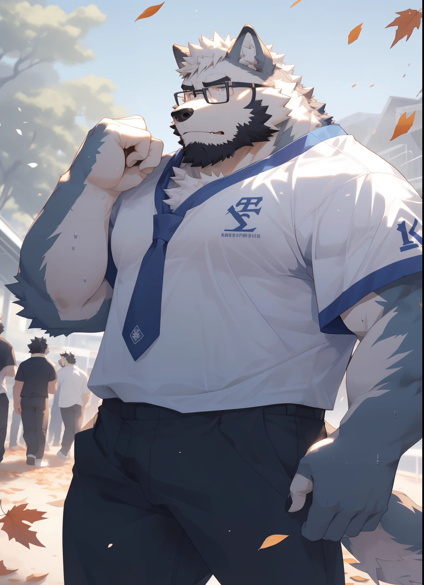 hairy，（Wolf，white baseball uniform，white baseball pants，Black-rimmed glasses，），beard，white fur，male，Common，full-body shot， dynamic poses，Baseball games，There are fallen leaves falling，wet clothes，Sweating，Breathing heavily，sweating a lot，Sunlight，Detailed background，极其lifelike阴影，masterpiece，Very detailed，lifelike