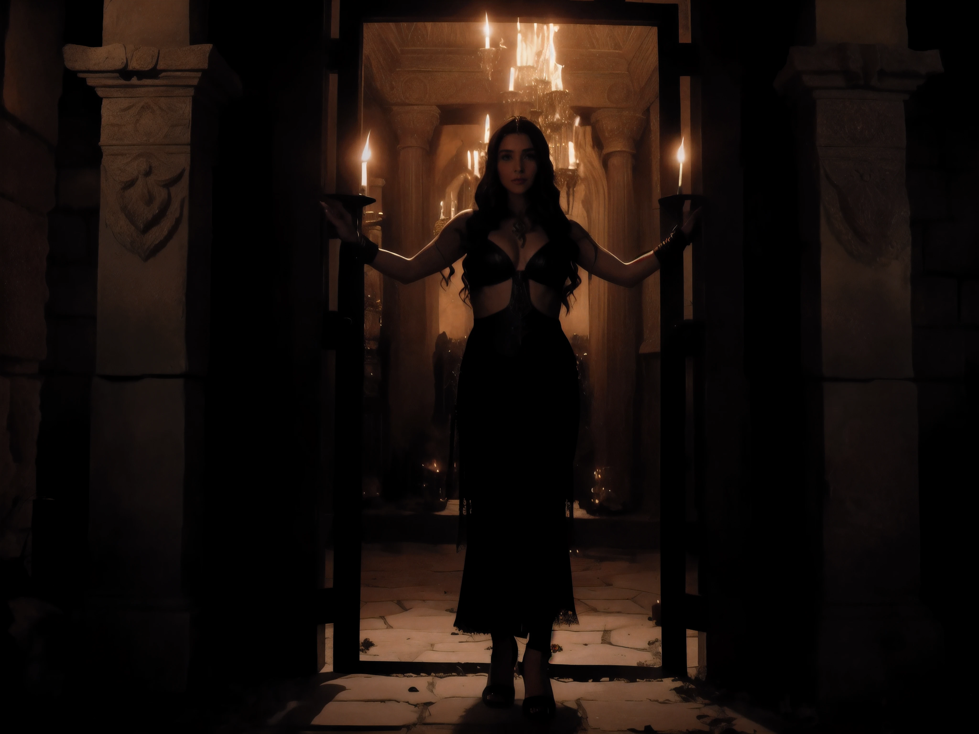 a woman in a black dress standing in a doorway with candles, cinematic goddess shot, salma hayek as a sorceress, cinematic goddess body shot, mahira khan as a mage, cinematic goddess close shot, mahira khan as a d&d wizard, anya taylor - joy vampire queen, still from a fantasy movie, gal gadot as hell lord