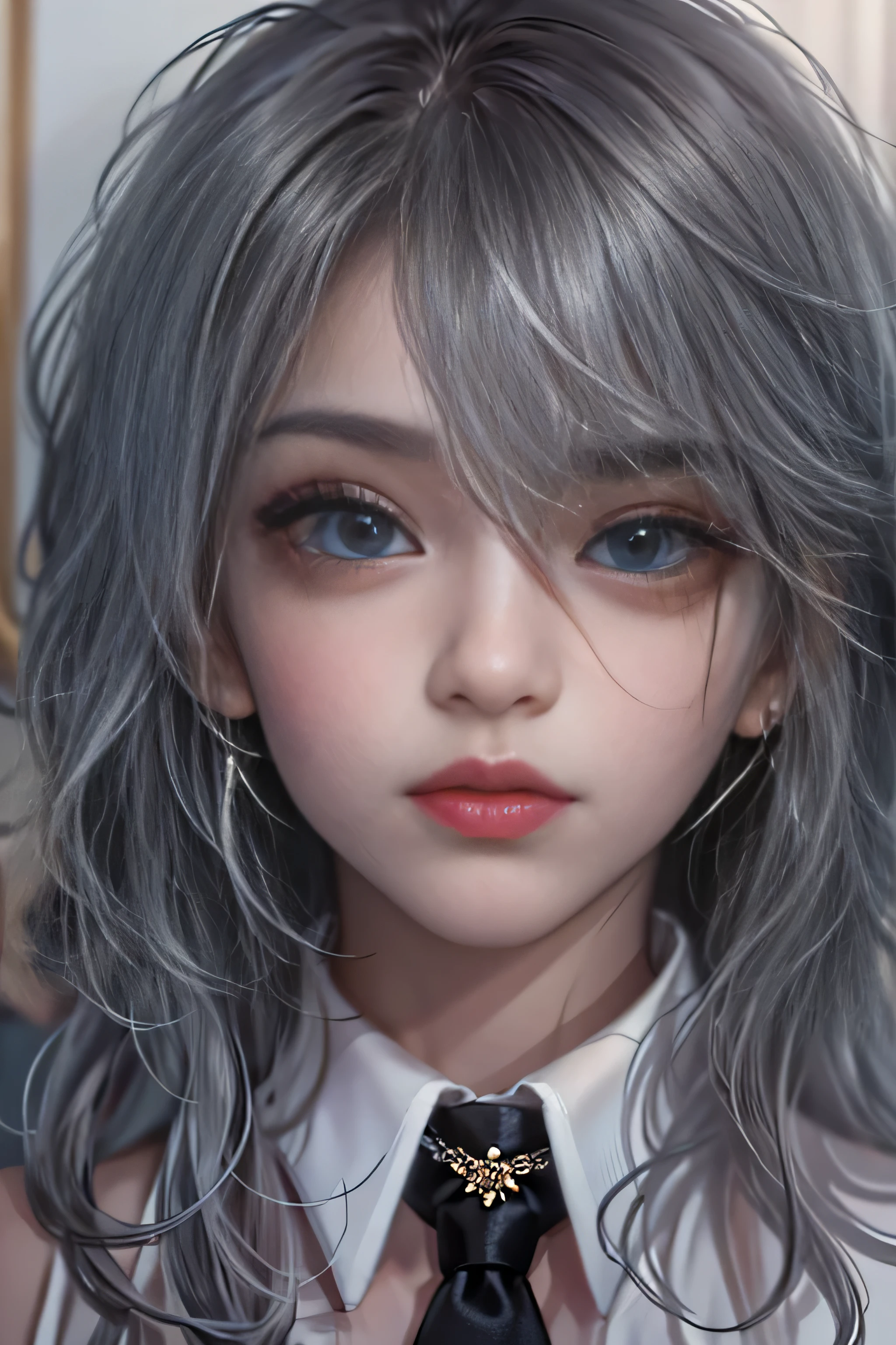 girl portrait photography, realistic, High resolution, 1 female, alone, Upper body, beautiful eyes, Close your lips, detailed face, gray hair, long hair, collared shirt, black tie,black skirt, pencil skirt, fur coat, stockings,(Black lace panties are visible)