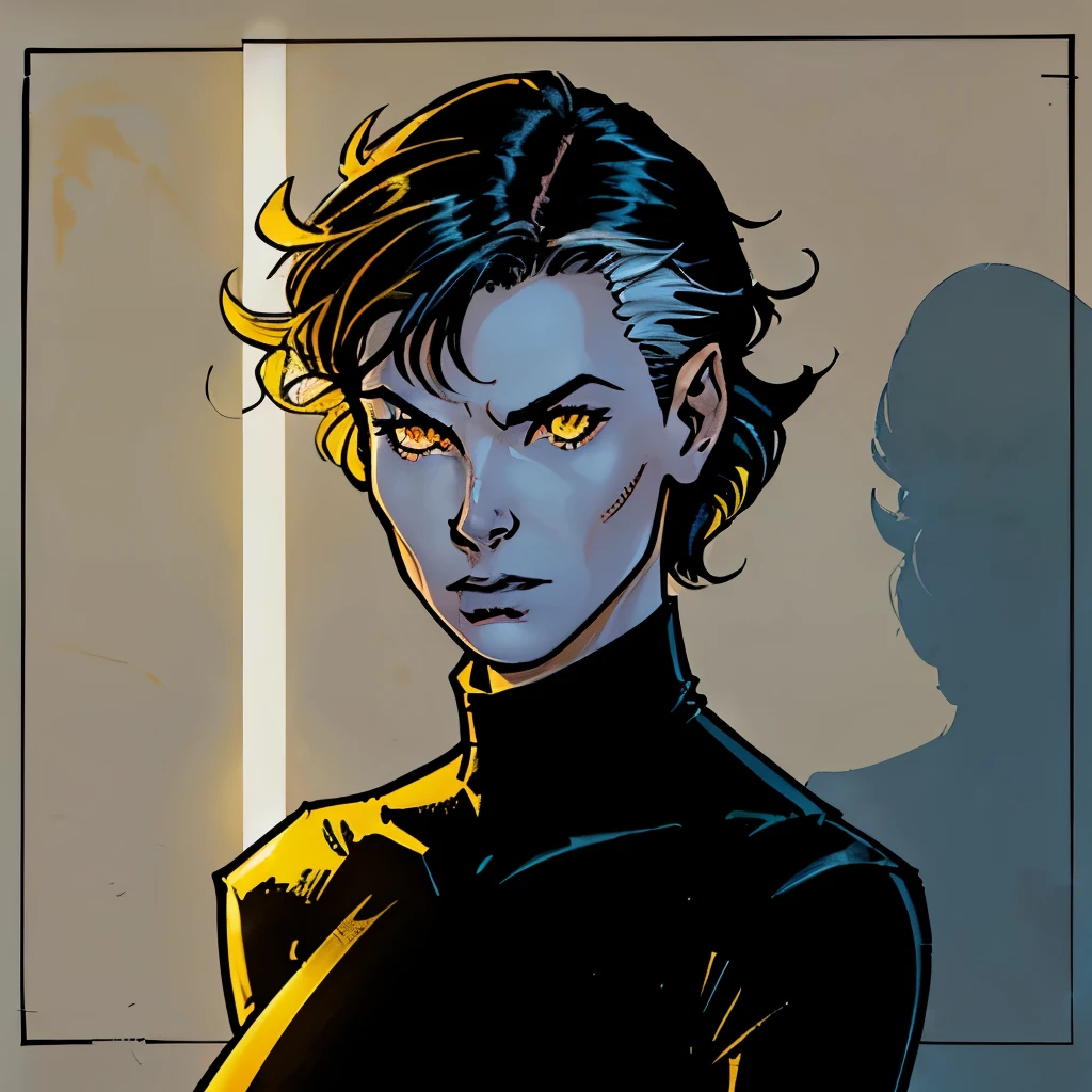 A ((young)) woman with semi pale skin, dark brown hair in the style of a ((long pixie cut with) (white colored tips)), ((glowing yellow eyes)), a fair nose and perfect lips, wearing a black turtleneck shirt with no sleeves and black tights. She has a calm and serious expression. She has a ((shadowy)) and misty air around her and emitting from her hair. Drawn in comic book style from ((Neil Gaiman’s The Sandman)). ((Comic book style)) ((drawing)) no rendering. Simple drawing.