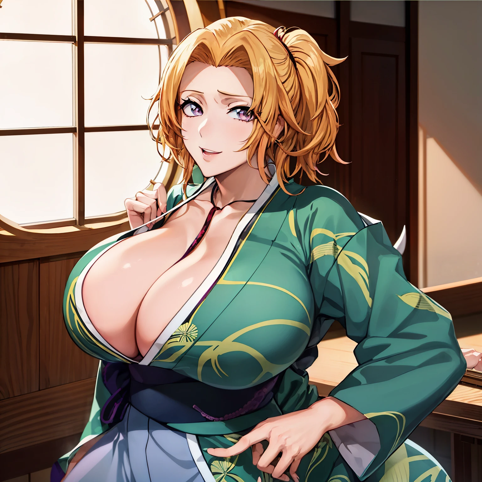 anime woman with big breast posing in a room with a window, tsunade from naruto, seductive anime girl, inspired by Nishikawa Sukenobu, haruno sakura, in kimono, demon slayer rui fanart, in a kimono, shikamimi, revealing clothes, beautiful alluring anime woman, marin kitagawa fanart, oppai, akimino kamijyo