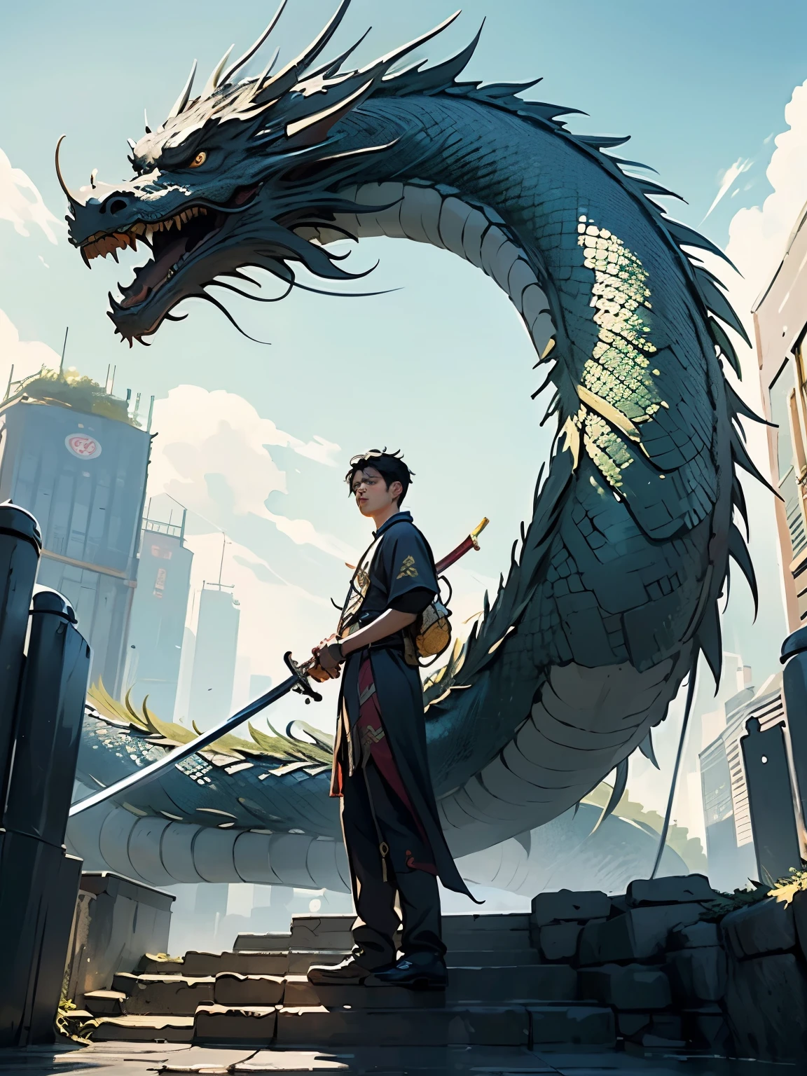 The character hold a dragon and a snake, the sky with storm and thunders, the character is sexy and muscular