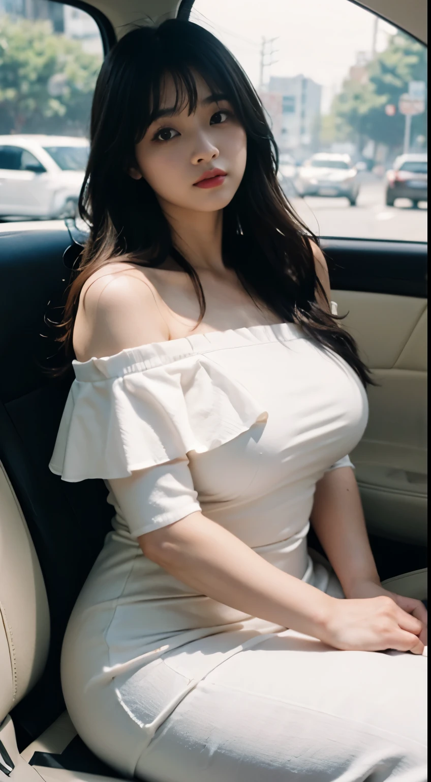 Photorealistic, high resolucion, [[[ Only 1 woman ]]] Black wavy hair, South Korean, Tight White White Shirt, Black short pleated skirt, Pretty legs,large full breasts, cleavage,Sitting in the front seat of the car, random pose,8K,highly detaild, high resolucion,looking at camera, s whole body,