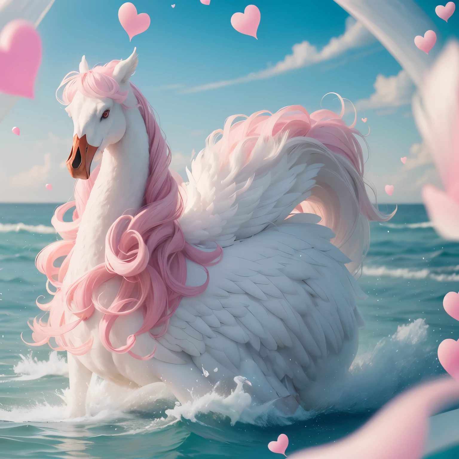 A White two leg Swan with flowing wavy mane of white flowing hair, and a saddle for ridding, a pink fairy queen riding on its back like a jockey, of a cotton candy, pink hearts, glass hearts, Queen of hearts, glass swan in a bottle,