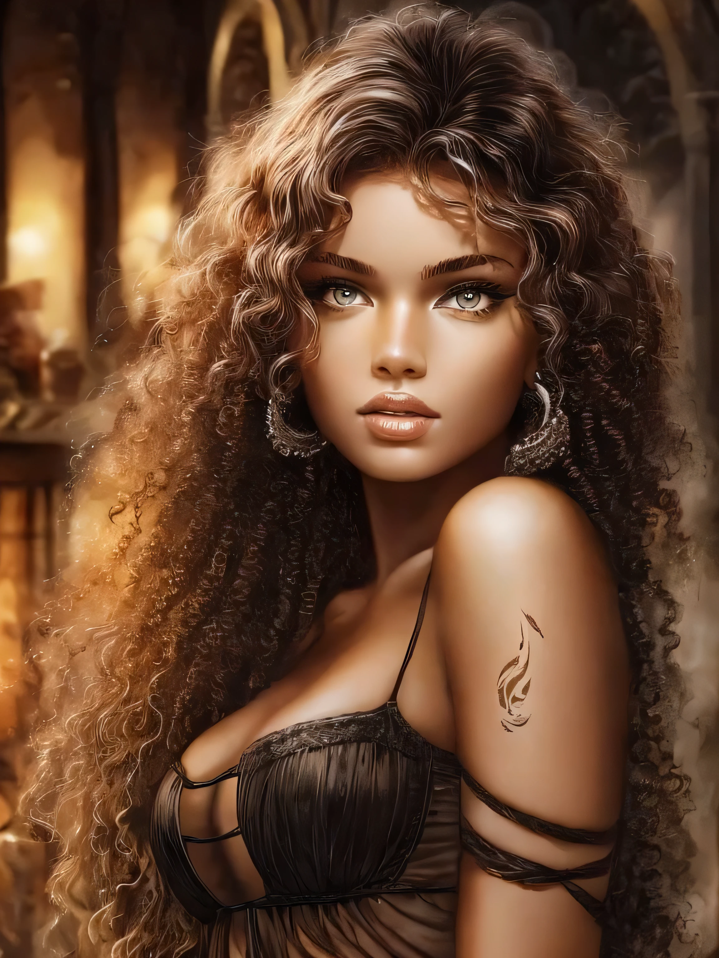 masterpiece, best quality, beautiful 19 year old, brown skin female, long wild, frizzy curly white hair, perfect face