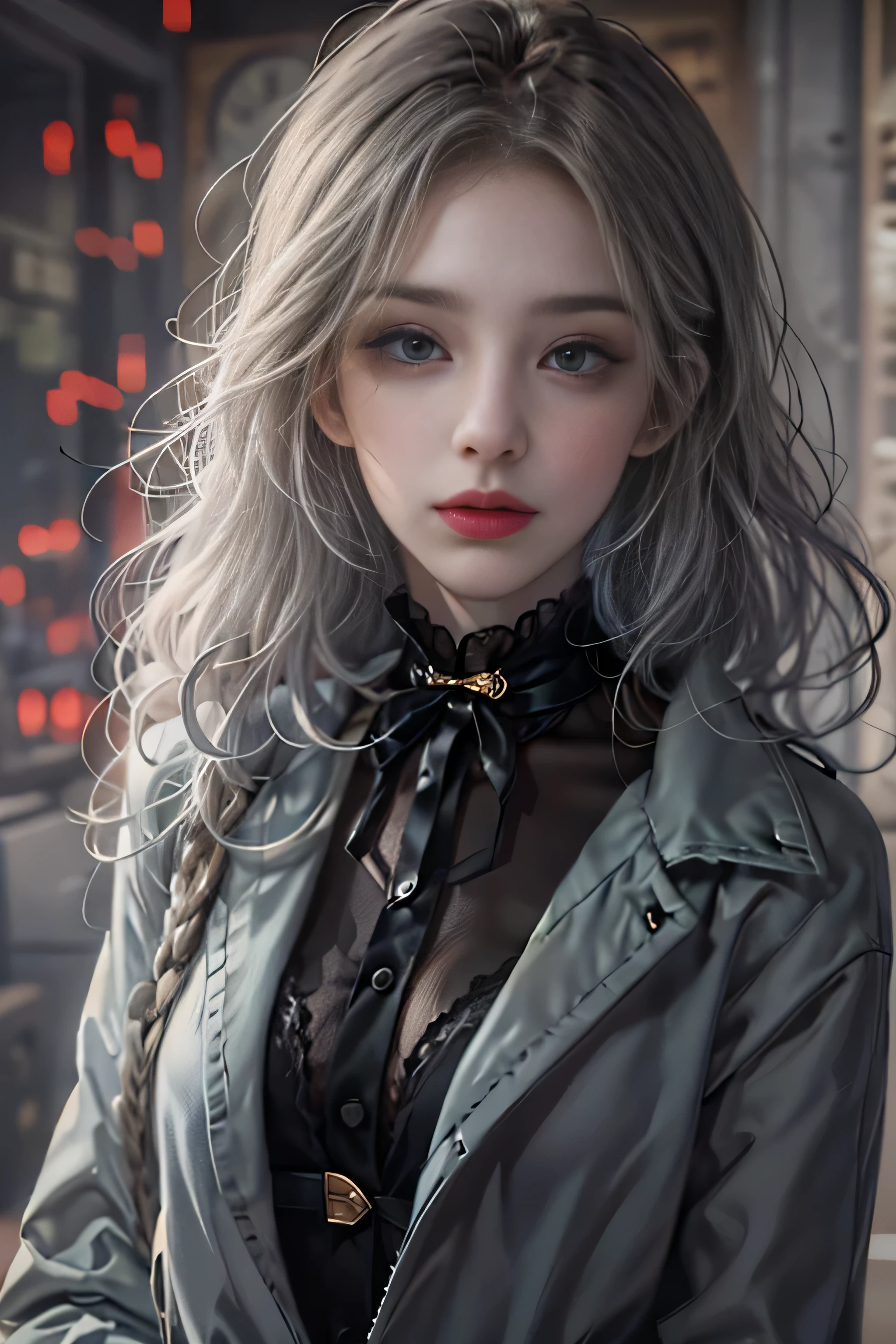girl portrait photography, realistic, High resolution, 1 female, alone, Upper body, beautiful eyes, Close your lips, detailed face, gray hair, long hair, collared shirt, black tie,black skirt, pencil skirt, fur coat, stockings,(Black lace panties are visible)