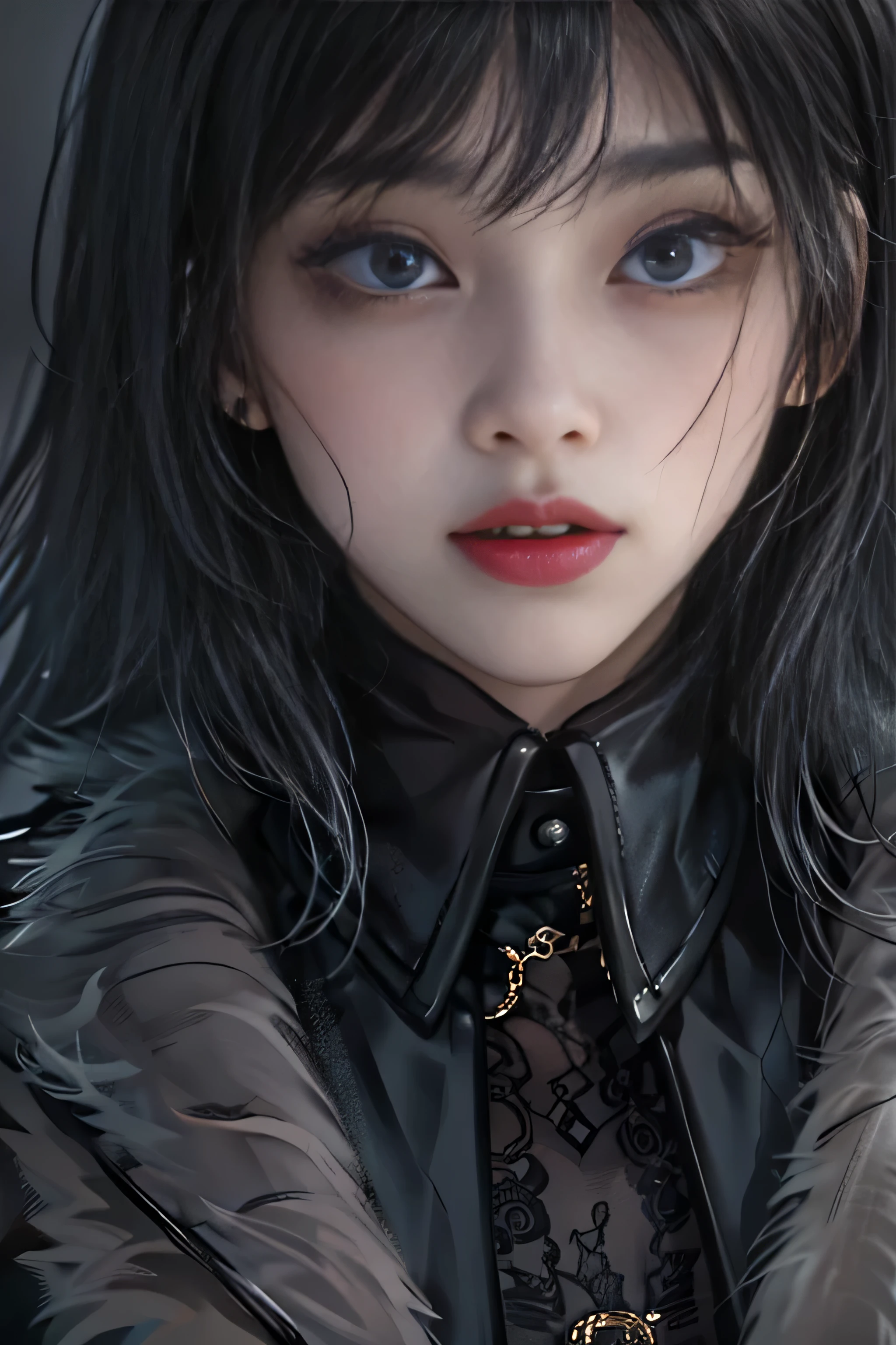 girl portrait photography, realistic, High resolution, 1 female, alone, Upper body, beautiful eyes, Close your lips, detailed face, gray hair, long hair, collared shirt, black tie,black skirt, pencil skirt, fur coat, stockings,(Black lace panties are visible)
