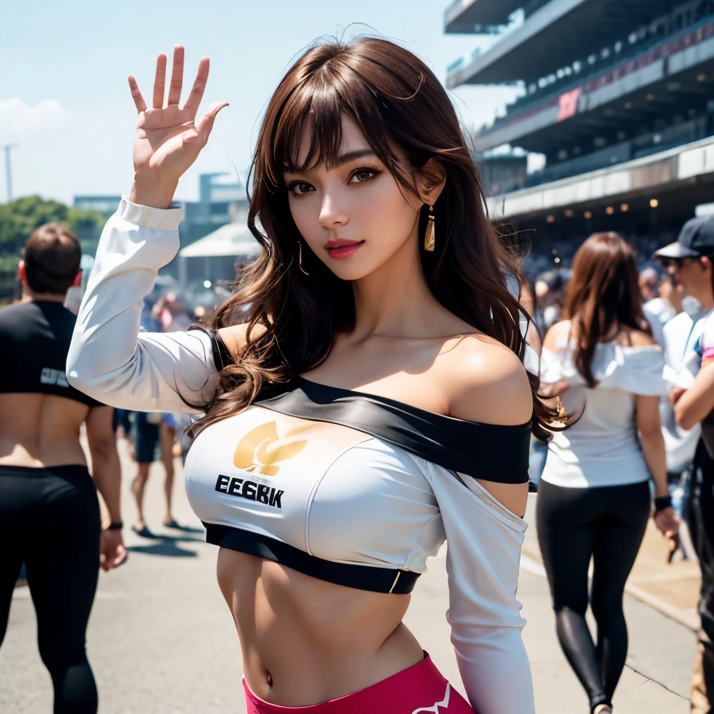 (detailed skin:1.2),(shiny skin:1.1),8k,best quality, masterpiece, ultra high res,(photorealistic:1.4),(soft saturation:1.3),(fair skin:1.2),1woman, young, japanese, brown hair, brown eyes, medium hair, asymmetrical hair, wavy hair, asymmetrical bangs, makeup,(lipstick:1.1),(eyeliner:1), mascara, eyeshadow, glamor, large breasts, grid girl costume and sponsor logo, (lowleg satin skinny pants:1.1),(off shoulder navel cutout shirt:1.1), in racing circuit and large crowd, waving at viewer
