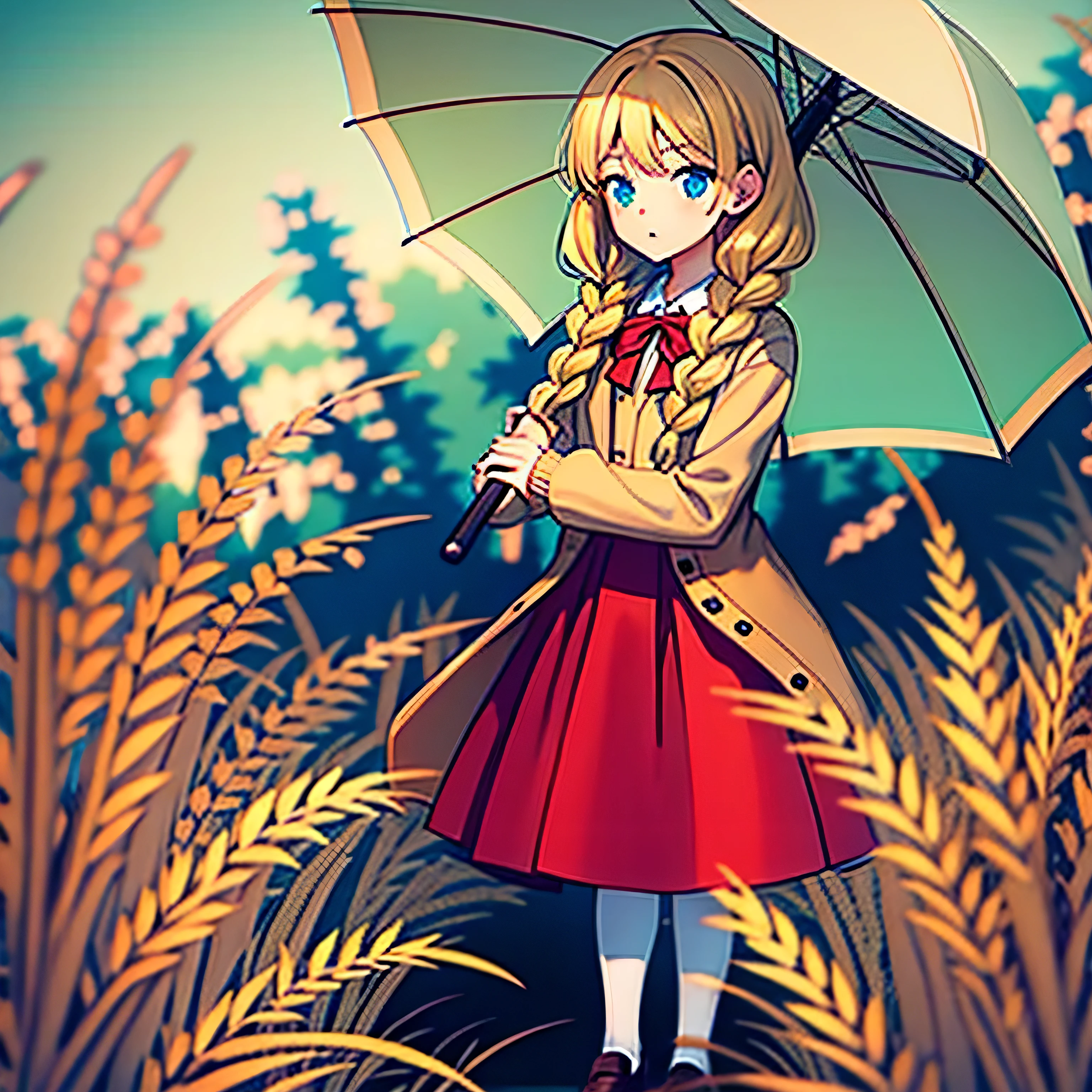 one girl, best quality, lineart,  satomura akane, long hair, blond hair, blue eyes, twin braids, large braids, school uniform, knee length skirt, red skirt, white socks, school shoes, shirt with a red bow, closed beige cardigan sweater, holding an umbrella, apathic face, full body, outdoors, tall grass field, raining