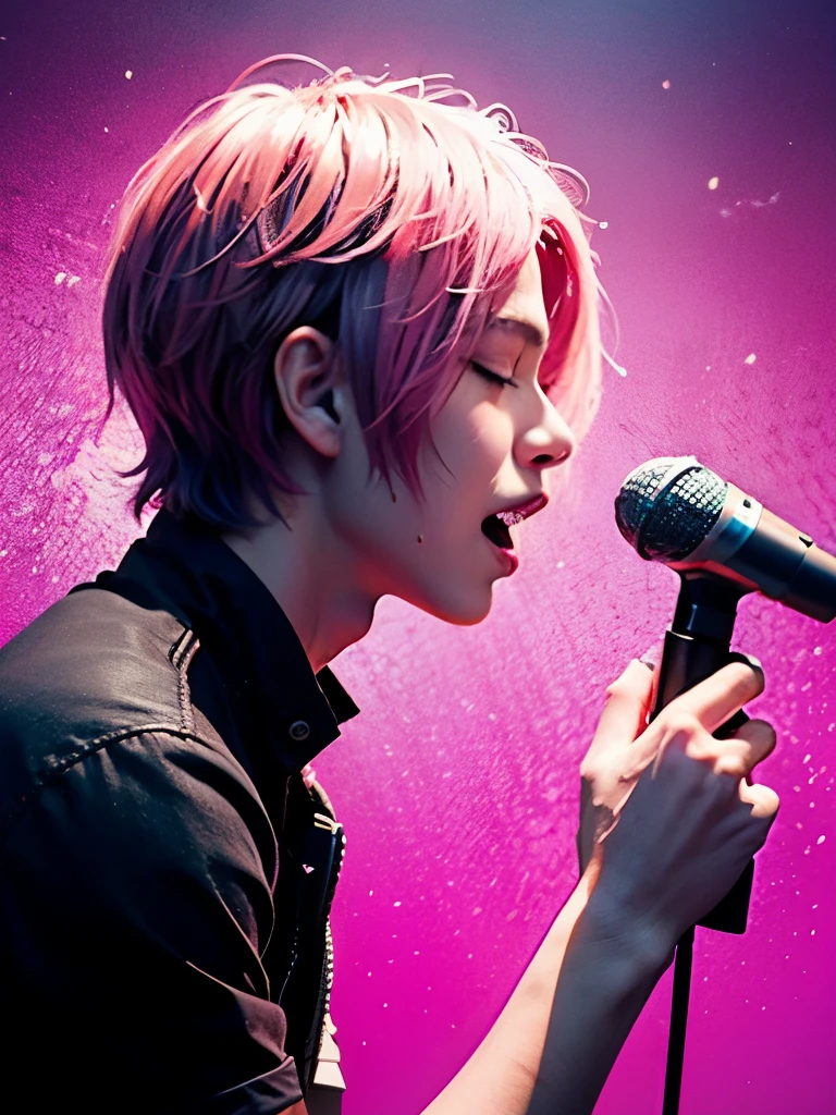 highest quality, wide angle, male, profile, pink hair, short hair singing, microphone, closed my eyes, bright colors, bright colors, Musical notes that float like magic