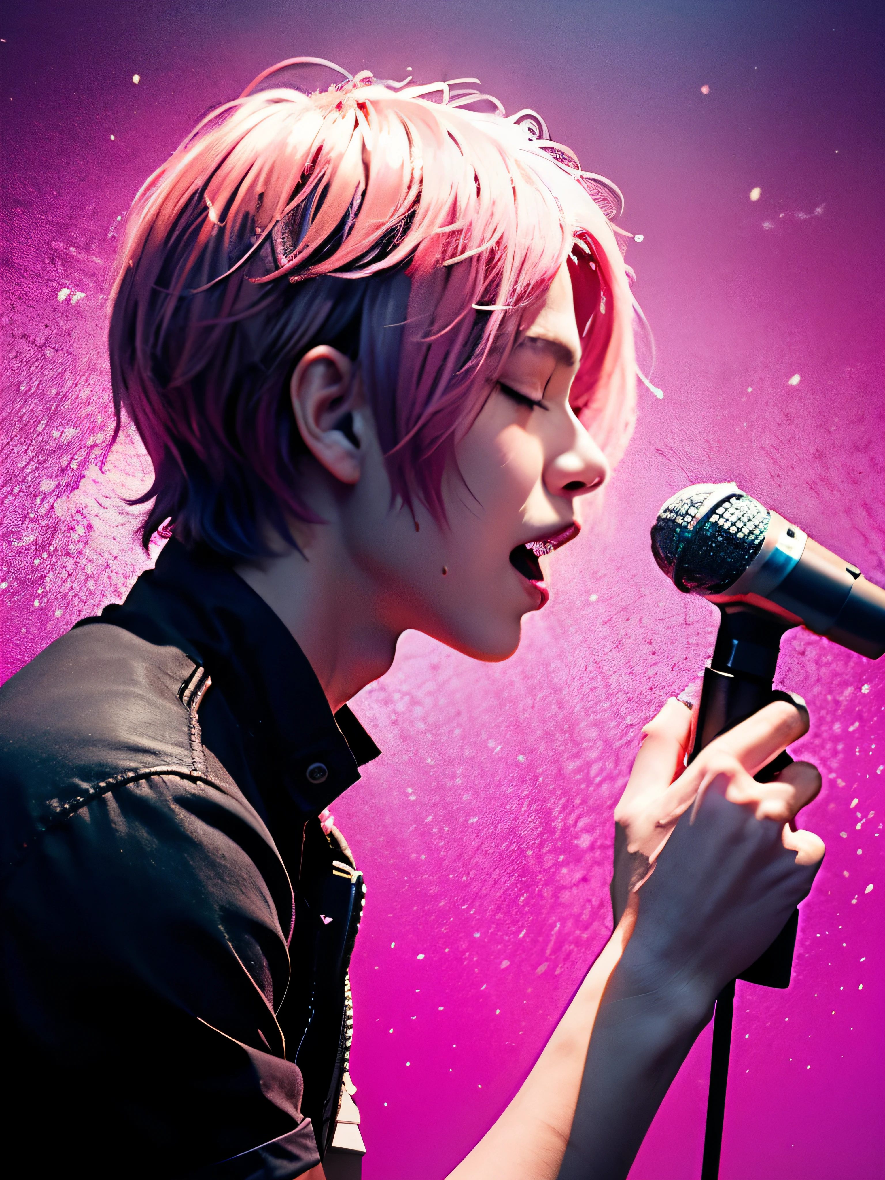 highest quality, wide angle, male, profile, pink hair, sing with short hair, microphone, closed my eyes, bright colors, bright colors, Musical notes that float like magic