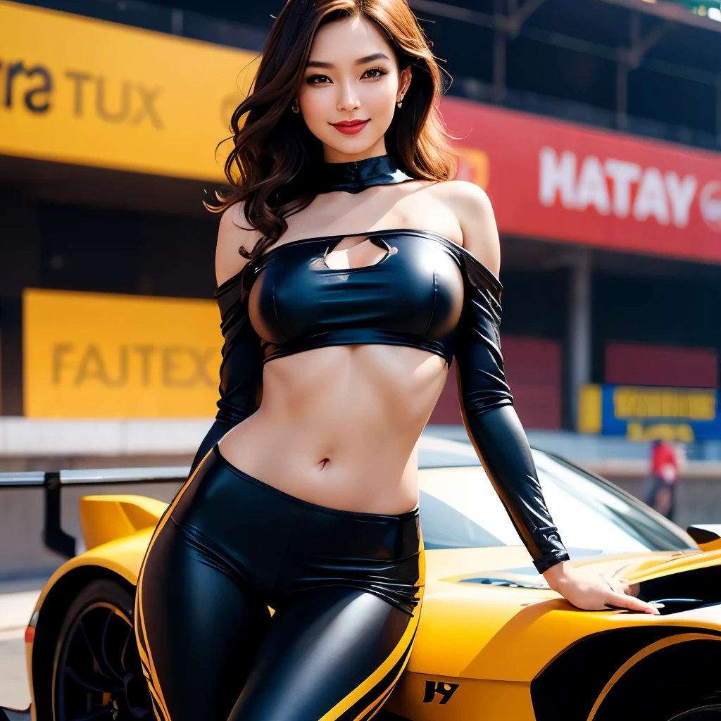 (detailed skin:1.2),(shiny skin:1.1),8k,best quality, masterpiece, ultra high res,(photorealistic:1.4),(soft saturation:1.3),(fair skin:1.2),1woman, young, japanese, brown hair, brown eyes, medium hair, asymmetrical hair, wavy hair, asymmetrical bangs, makeup,(lipstick:1.1),(eyeliner:1), mascara, eyeshadow, glamor, large , grid girl costume and sponsor logo, (lowleg satin skinny pants:1.1),(off shoulder navel cutout shirt:1.1), in racing circuit and large crowd, seductive smile, claw pose