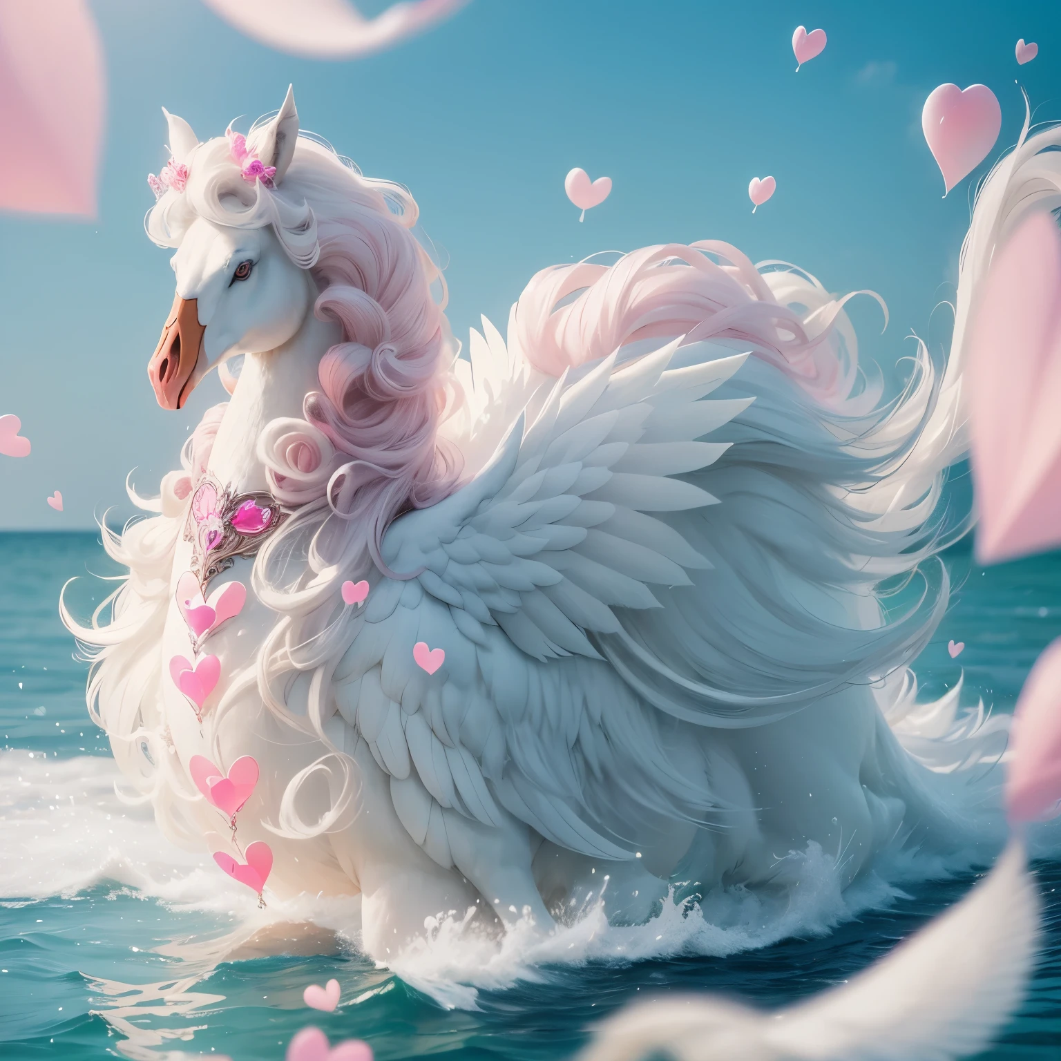 A White two leg Swan with flowing wavy mane of white flowing hair, and a saddle for ridding, a pink fairy queen riding on its back, of a cotton candy, pink hearts, glass hearts, Queen of hearts, glass swan in a bottle,