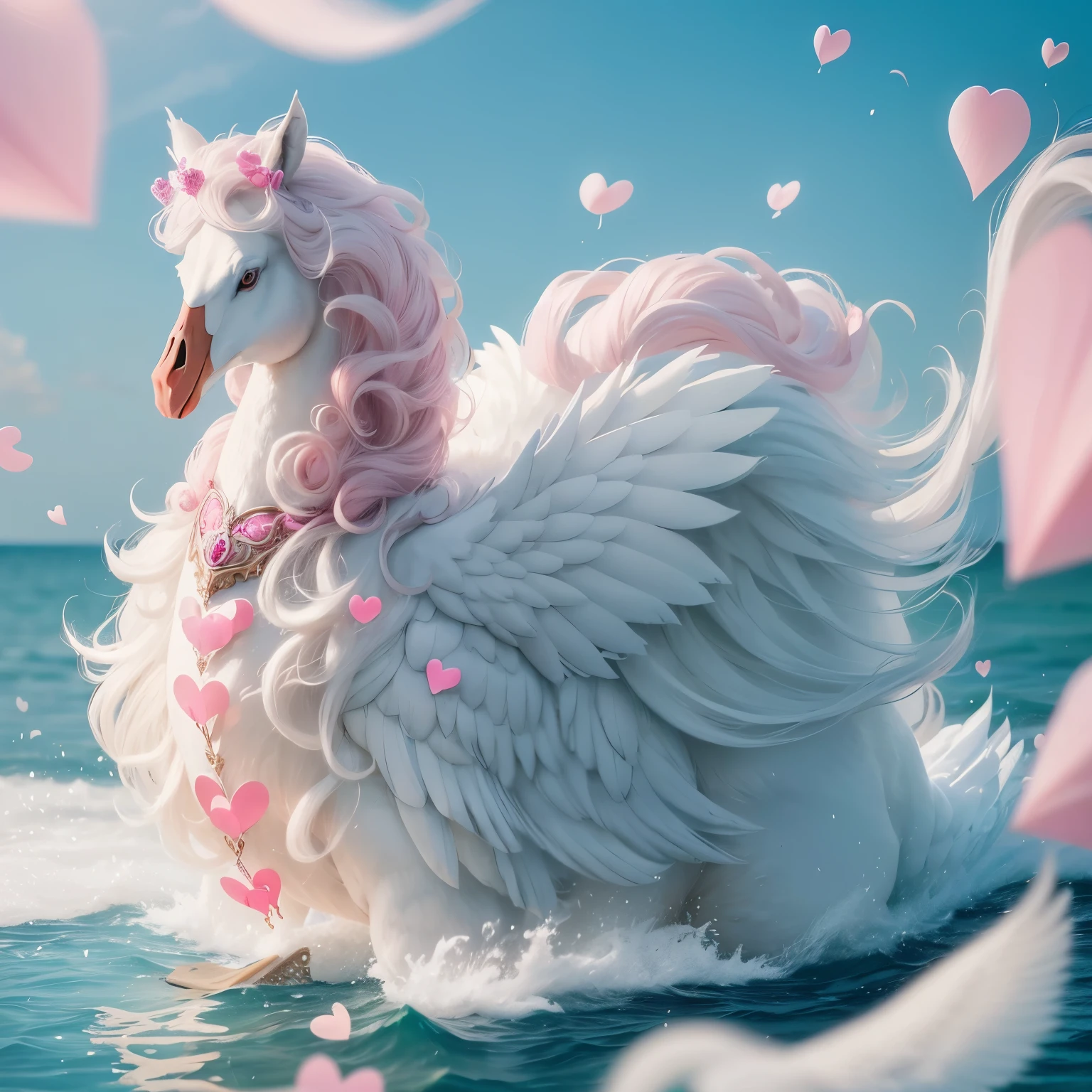 A White two leg Swan with flowing wavy mane of white flowing hair, and a saddle for ridding, a pink fairy queen riding on its back, of a cotton candy, pink hearts, glass hearts, Queen of hearts, glass swan in a bottle,