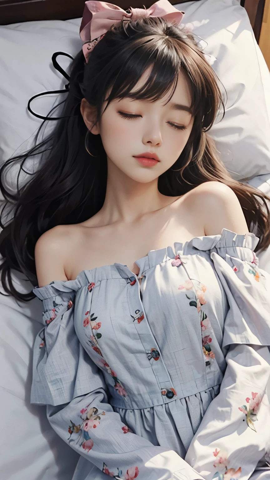 Sleeping, closed eyes, hair bang, ribbon hair pin, off shoulder dress, in bed, lovely, beautiful, flower