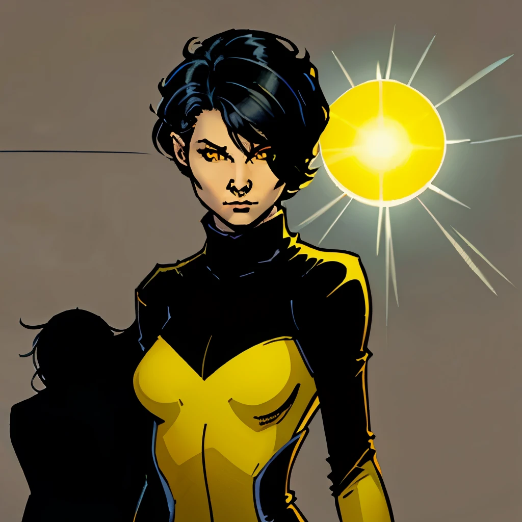 A ((young)) woman with semi pale skin, dark brown hair in the style of a ((pixie cut with) (white colored tips)), ((glowing yellow eyes)), wearing a black turtleneck shirt with no sleeves and black tights. She has a calm expression. She has a ((shadowy)) and misty air around her and emitting from her hair. Drawn in comic book style from ((Neil Gaiman’s The Sandman)) ((simple))