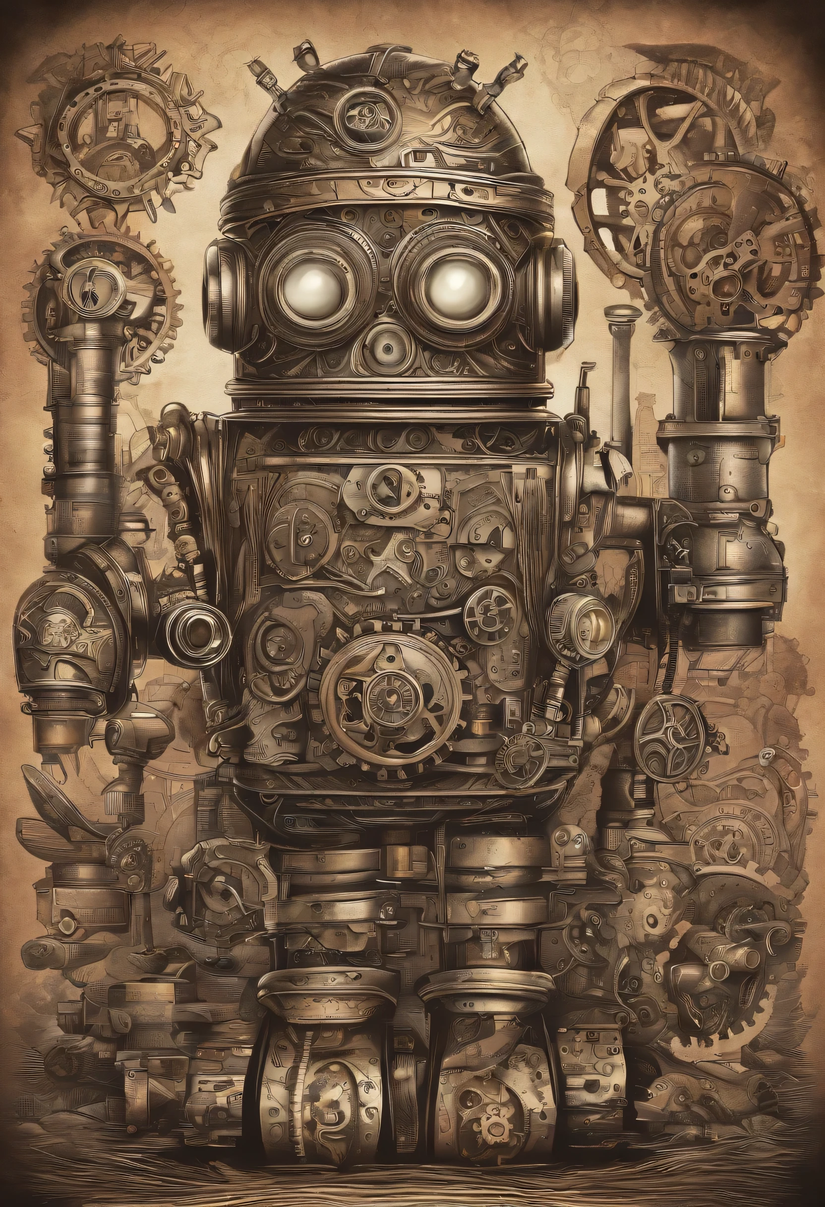 A toon Crazy whit a Big ONE a Only Eye Robot CCCP Soviet, and helmet Style, tongs in hands, Tv head, pinhead, camouflage Gold Silver Pink Rusty, Ambient in a meteorite crater super detailed, center, beautiful, soft lighting, focused on the character, 4K resolution, photorealistic rendering,