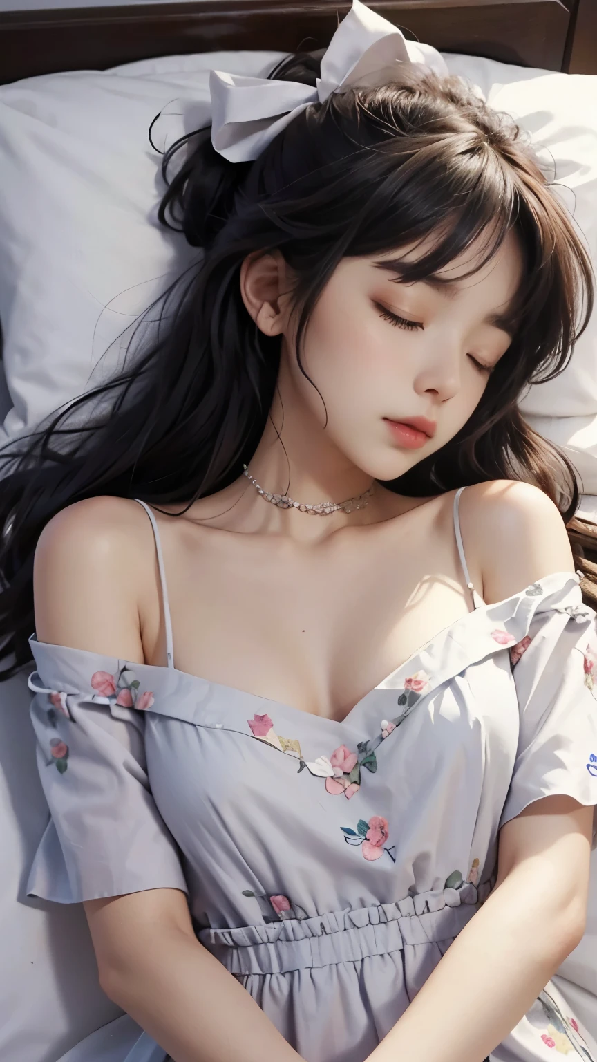, Sleeping, closed eyes, flower crown,Open mouth, very Deep-v Off shoulder simple dress, collarbone, wide chest, stomach, dark, orange ethereal light