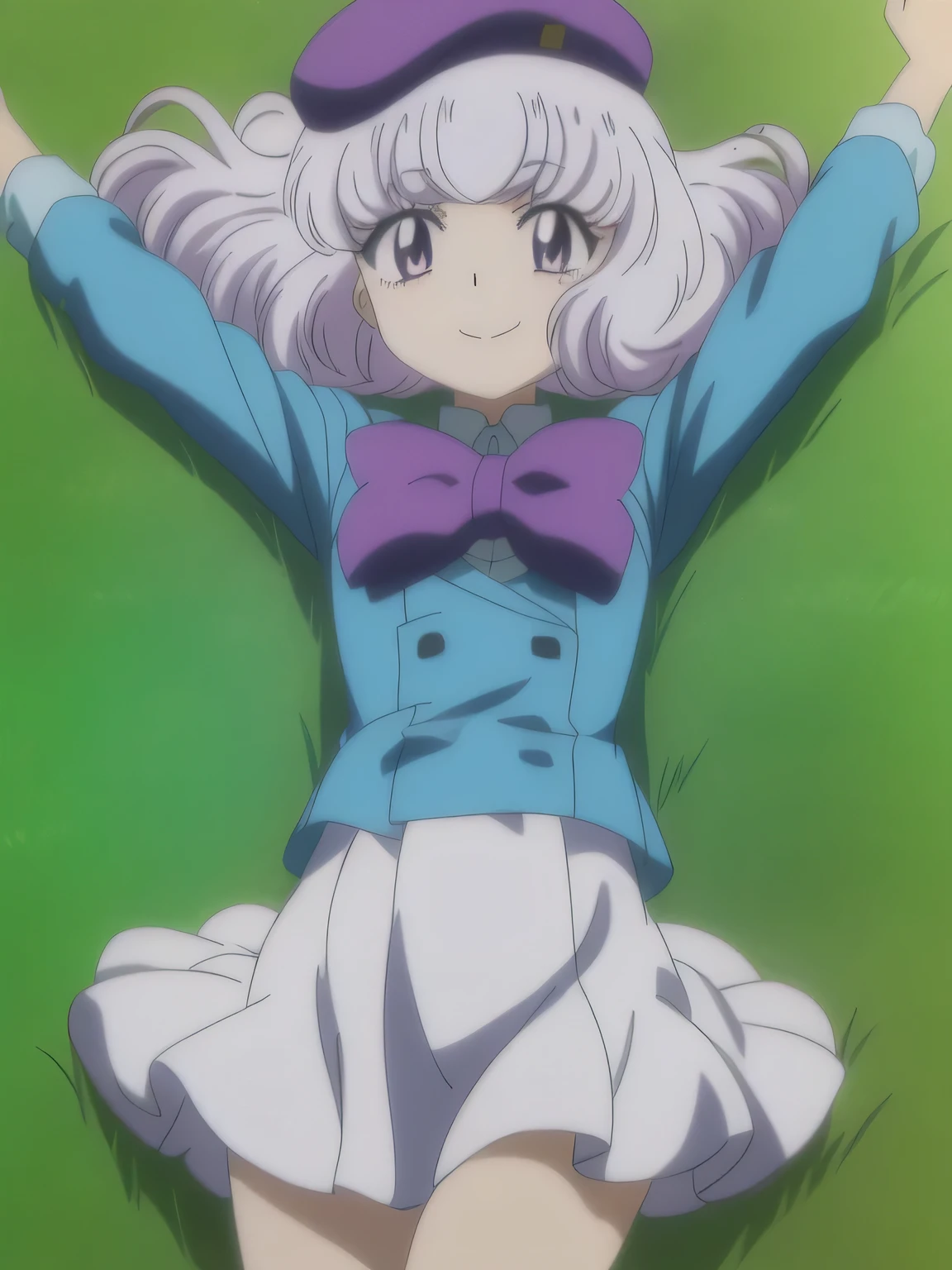 sannomiya shiho, dynamic pose, cute, anime screencap,, 8k, masterpiece, absurdres, anime, screencap, high quality solo, cowboy shot, lying, on back, on grass, spread arms, shy smile, arms up, closed mouth,