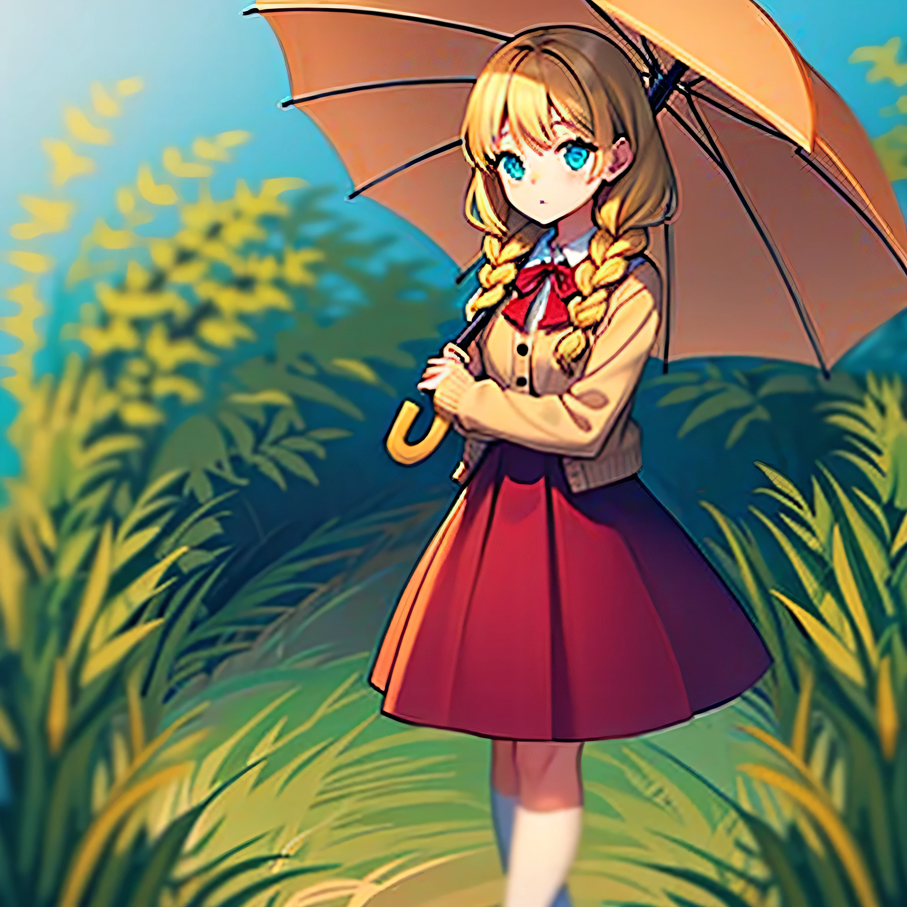 one girl, best quality, lineart,  satomura akane, long hair, blond hair, blue eyes, twin braids, large braids, school uniform, knee length skirt, red skirt, white socks, school shoes, shirt with a red bow, closed beige cardigan sweater, holding an umbrella, apathic face, full body, outdoors, tall grass field, raining