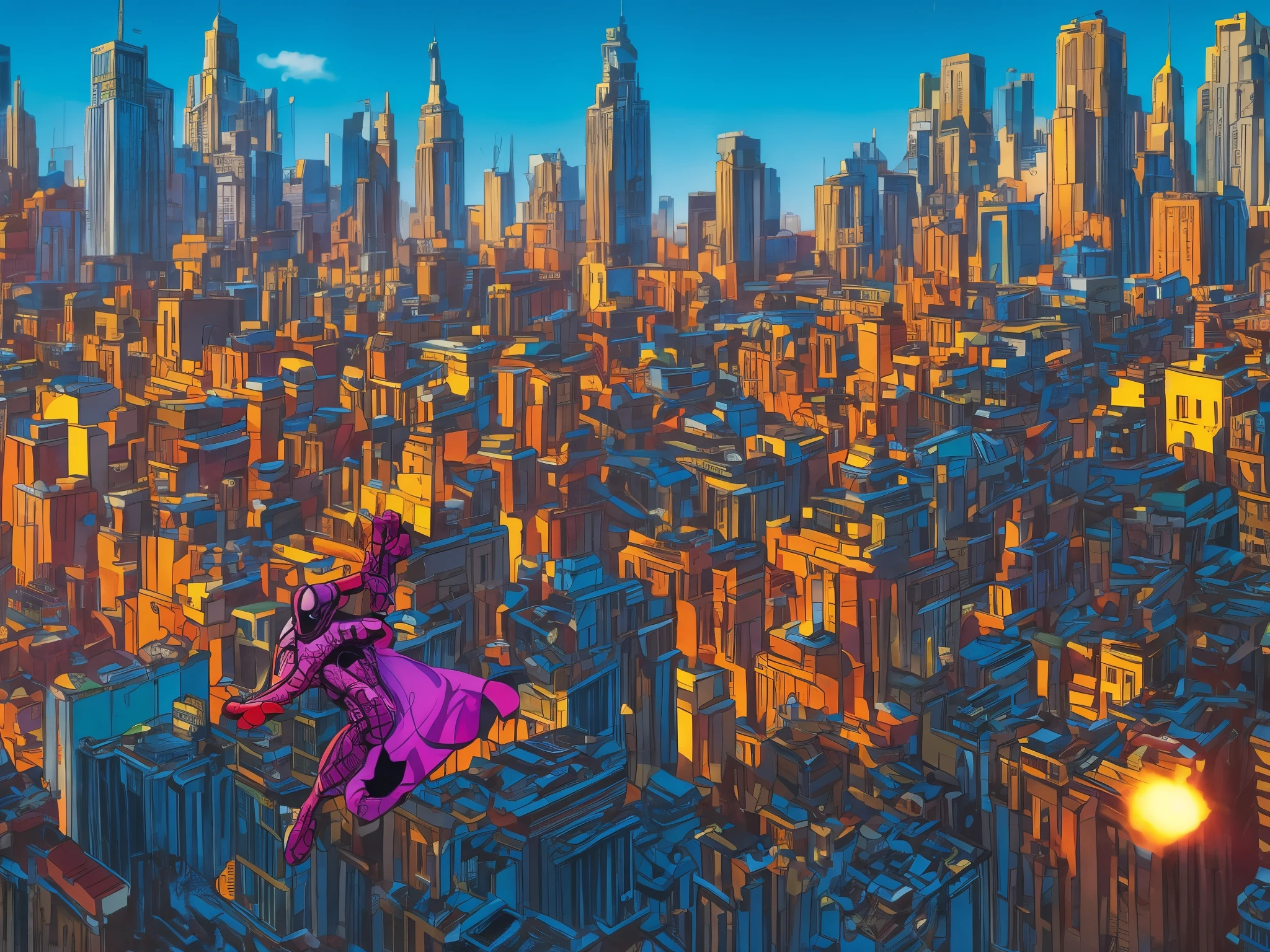 graffiti comics, Marvel comic, girl flying over the city, vibrant colors, dynamic lighting, detailed urban landscape, realistic graffiti textures, energetic movement, superhero theme, action-packed storyline, comic book style, intense perspective, high-quality artwork, street art vibes, bold brushstrokes, intricate character designs, iconic superhero poses, urban skyline, bustling metropolis, expressive facial expressions, vivid costume details, immersive visual effects