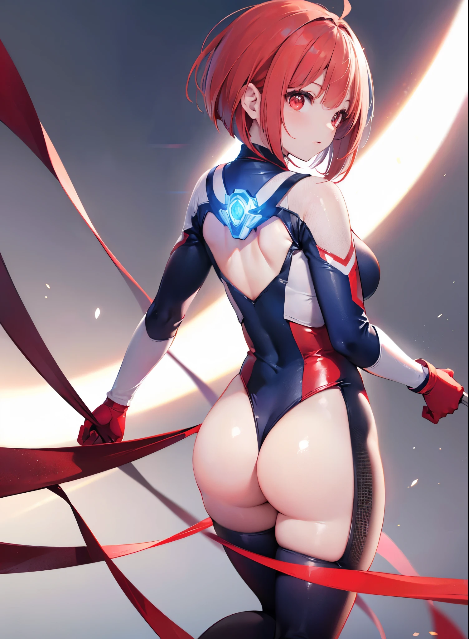 Close-up,highest quality, ultra detail, High quality CG drawing, The most delicate and beautiful, Floating gently, High resolution, (1 girl), (Highest image quality,4K,8K,masterpiece:1.2),(all red hair:1.5),(short bob:1.5),bangs bangs,(red eyes:1.5), (ultra girl :1.0), (silver and red ultraman ????????:1.4),slightly bigger ???????,(Turn your back to your audience:1.3),????