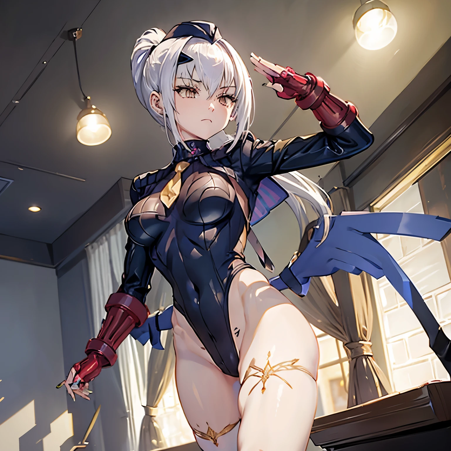 ultra-detailed, Explicit, Beautiful body, Beautiful Nose, Beautiful character design, perfect eyes, perfect face, ultra highres, 4K, beautiful legs, perfect legs, Nice hands, Perfect hand, Masterpiece, Best Quality, Highly detailed, illustration, absurdres, perfect anatomy, street fighter, doll suit, shadaloo doll, dollsuit, expressionless, blank eyes, looking at viewer, red gloves, emotionless, black latex, corrution, mind control, female combatant, full body, hypnotized, unhappy trance, full body suit, ribbed bodysuit, both arms at side, obey, perfect female body, extremely glossy latex, hypnosis, hypnoLora, empty eyes, Mind control device, poses, submissive_pose, Slave, standing straight, standing, standing at attention, hat, necktie, belt, latex, ribbed bodysuit, thighhighs, garter belt, Fighting Stance, extending the right arm from the shoulder into the air with a straightened hand, military, thigh boots, 1girl, hair ornaments, white hair, long hair, golden eyes, (((pixel-perfect, detail-perfect))), solo, 1girl, Fairy Knight Lancelot, Melusine, Fate/Grand Order, very long hair, ponytail, sidelocks, forked eyebrows, bangs, wings, tail, salute, saluting, military saluting